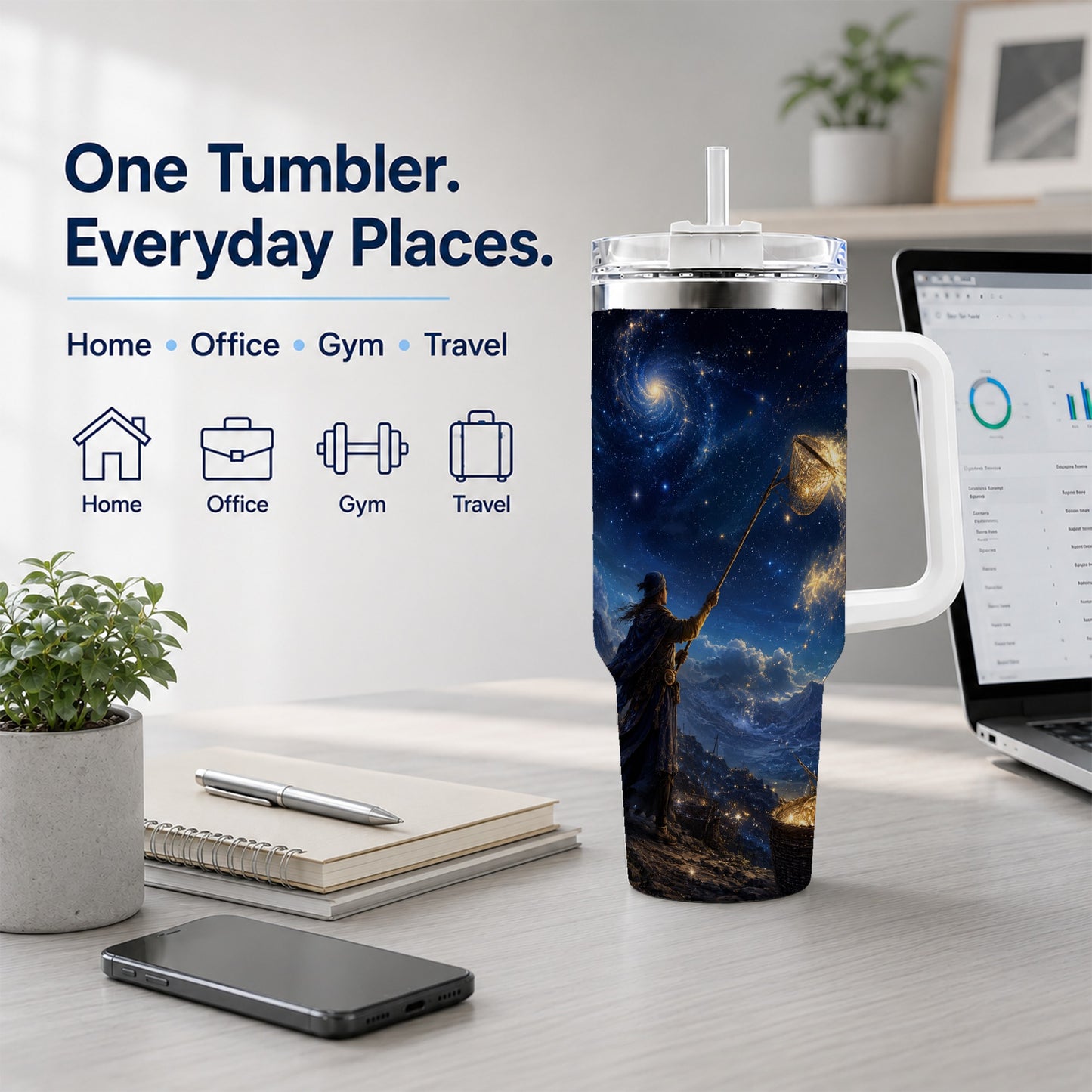 #pl[40oz|White] Star Catcher 40oz Tumbler with Handle, Celestial Fantasy Art
