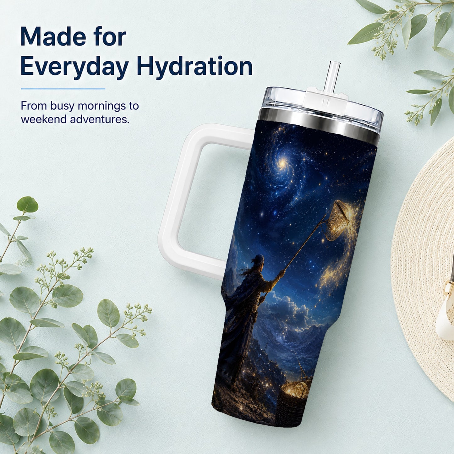 #pl[40oz|White] Star Catcher 40oz Tumbler with Handle, Celestial Fantasy Art