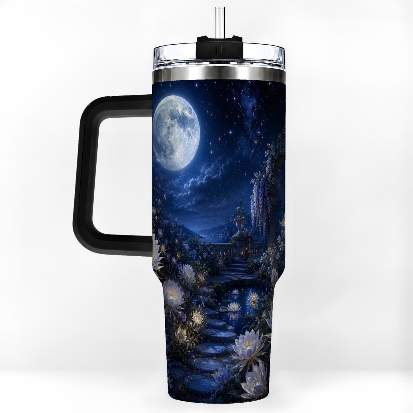 #pl[40oz|Black] Moonlit Garden 40oz Tumbler with Handle, Floral Celestial Art