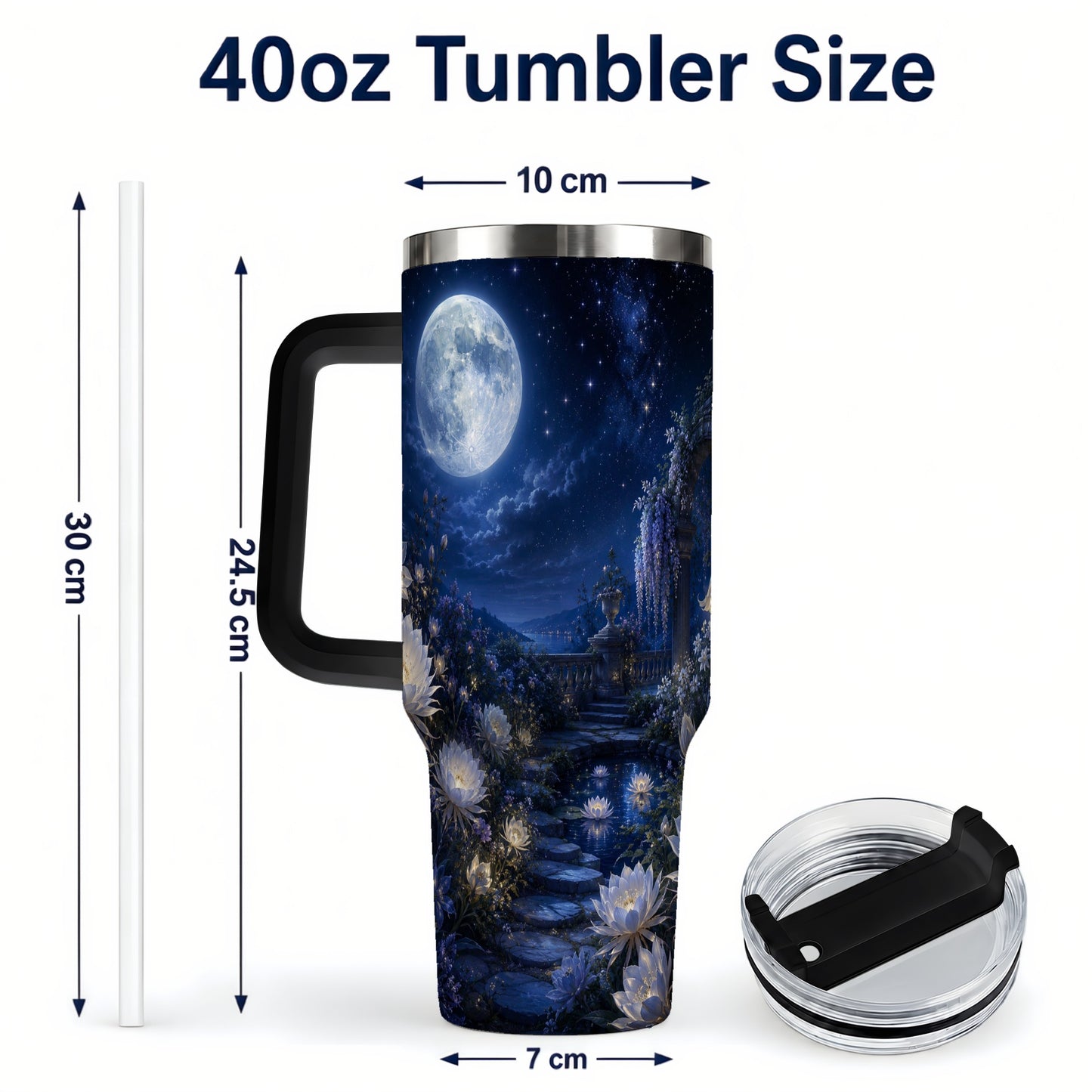 #pl[40oz|Black] Moonlit Garden 40oz Tumbler with Handle, Floral Celestial Art