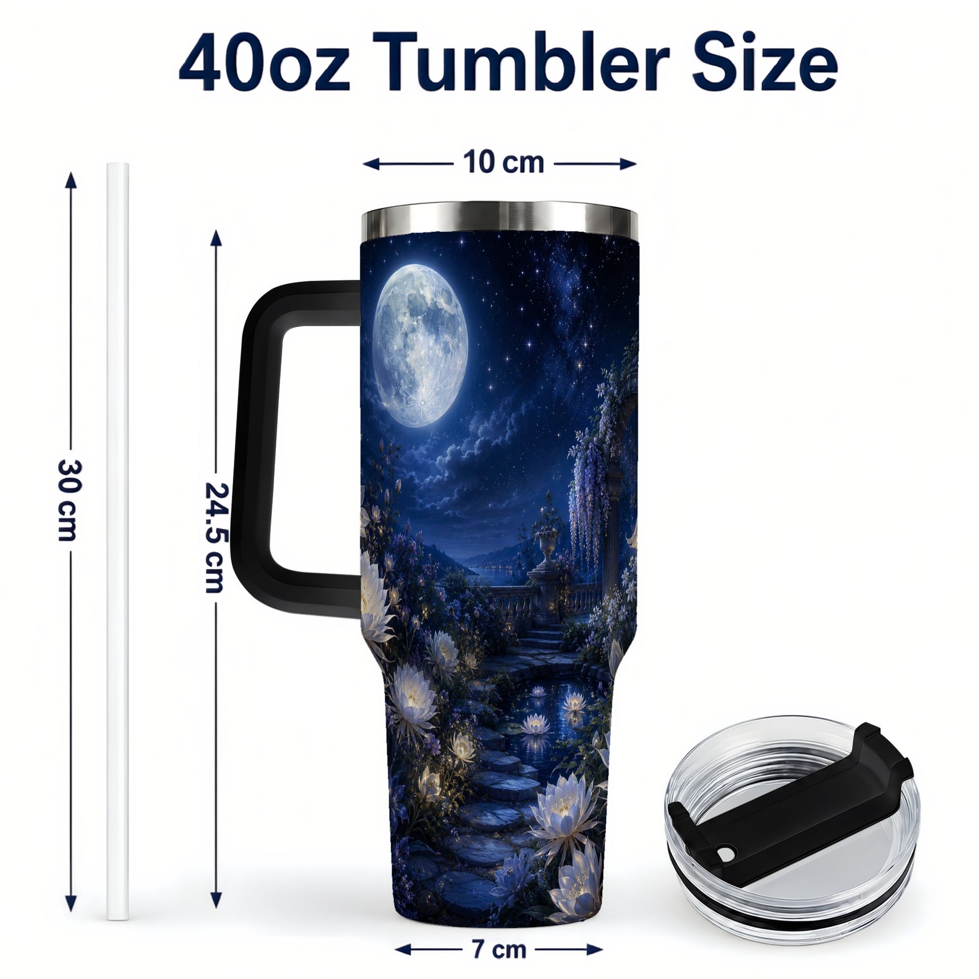#pl[40oz|Black] Moonlit Garden 40oz Tumbler with Handle, Floral Celestial Art