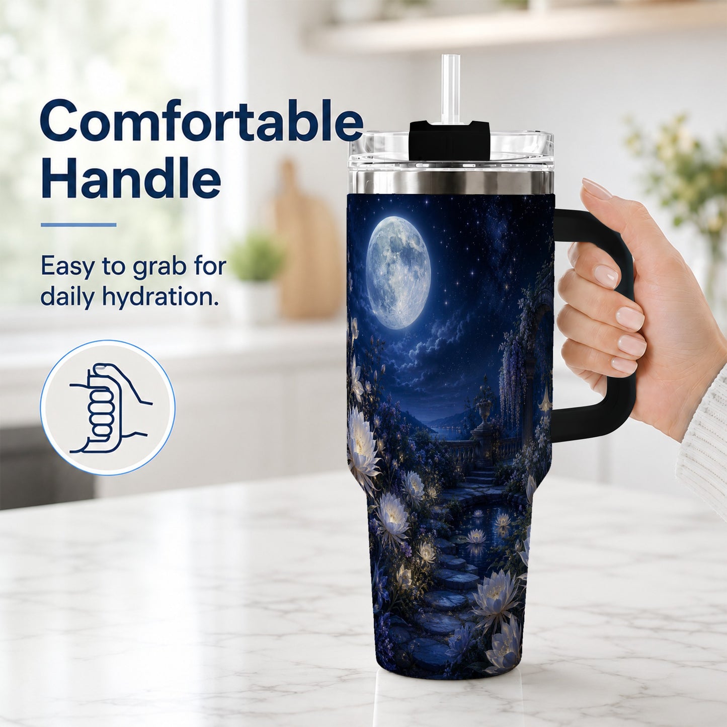 #pl[40oz|Black] Moonlit Garden 40oz Tumbler with Handle, Floral Celestial Art