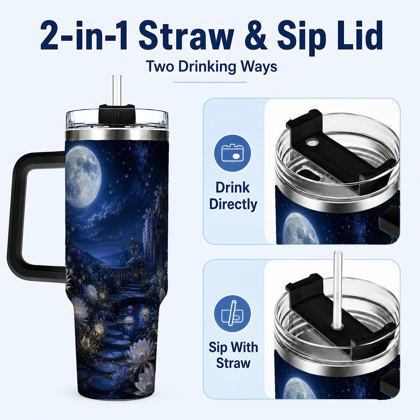 #pl[40oz|Black] Moonlit Garden 40oz Tumbler with Handle, Floral Celestial Art