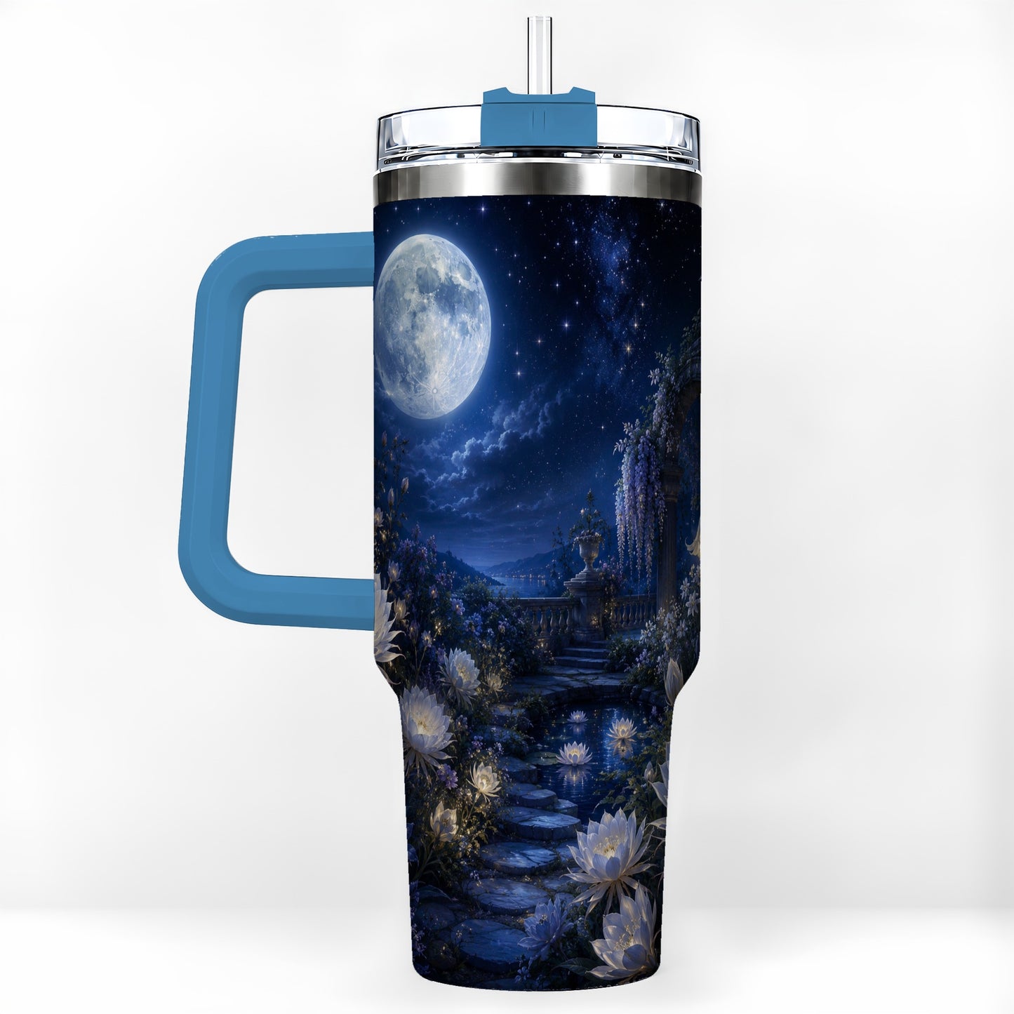 #pl[40oz|Blue] Moonlit Garden 40oz Tumbler with Handle, Floral Celestial Art