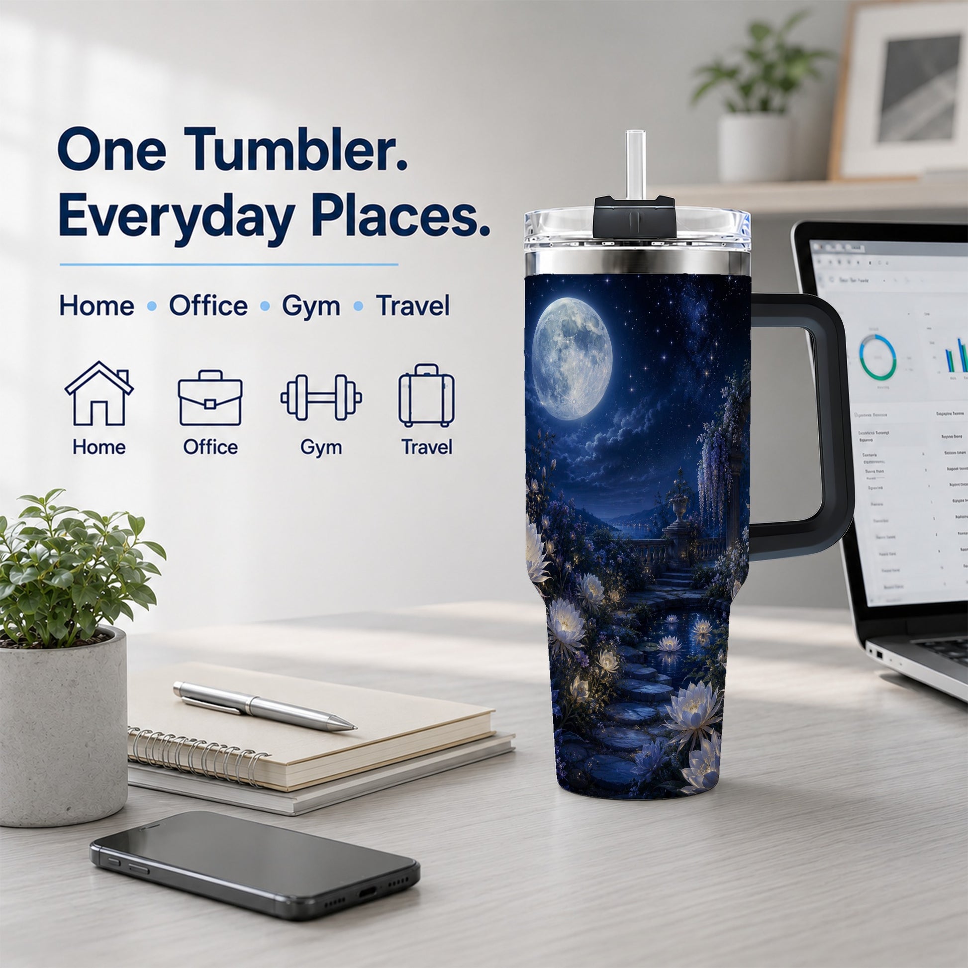 #pl[40oz|Black] Moonlit Garden 40oz Tumbler with Handle, Floral Celestial Art