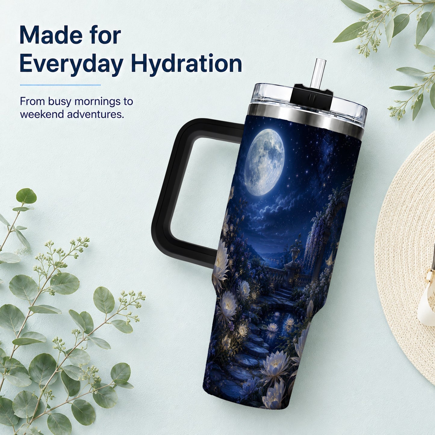 #pl[40oz|Black] Moonlit Garden 40oz Tumbler with Handle, Floral Celestial Art