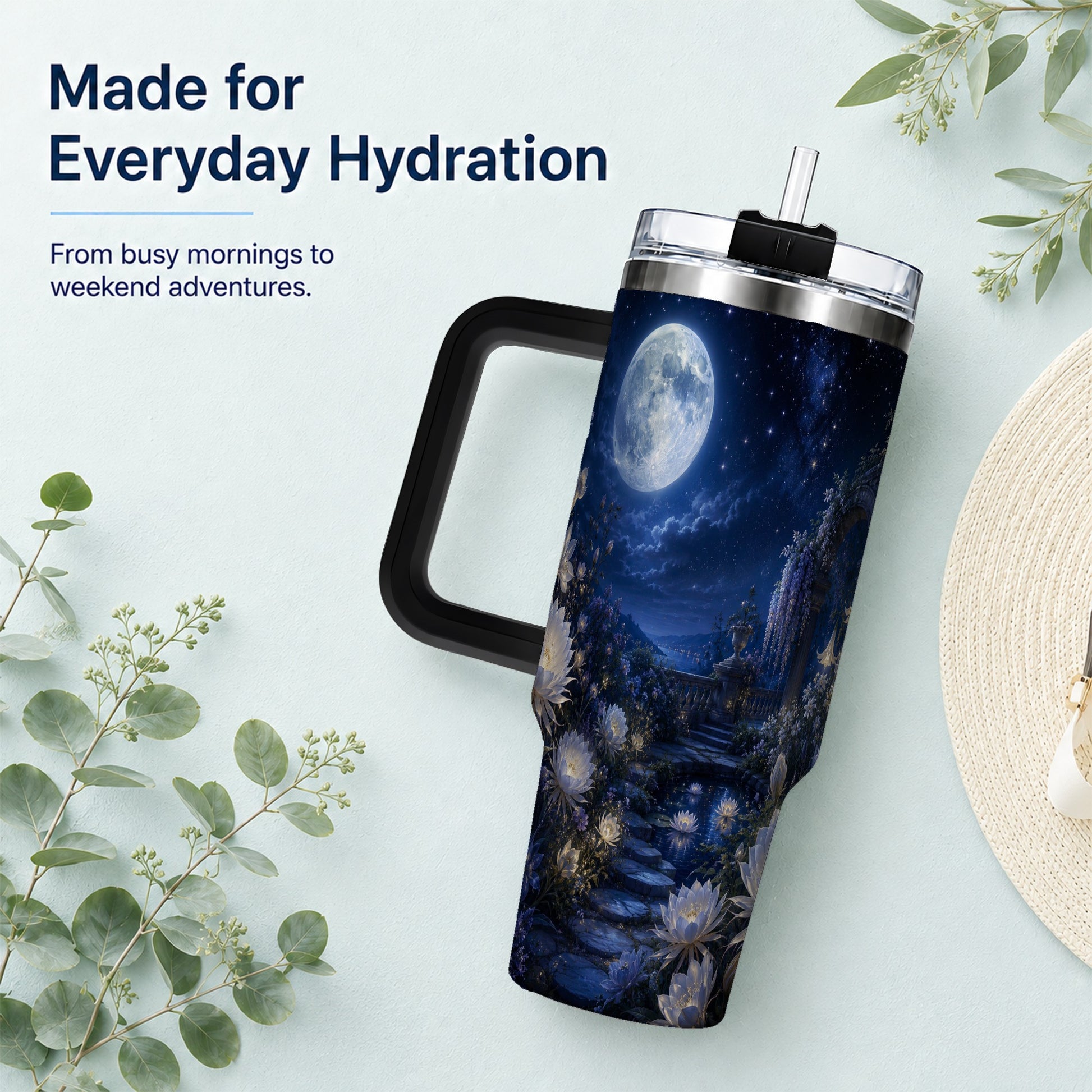 #pl[40oz|Black] Moonlit Garden 40oz Tumbler with Handle, Floral Celestial Art