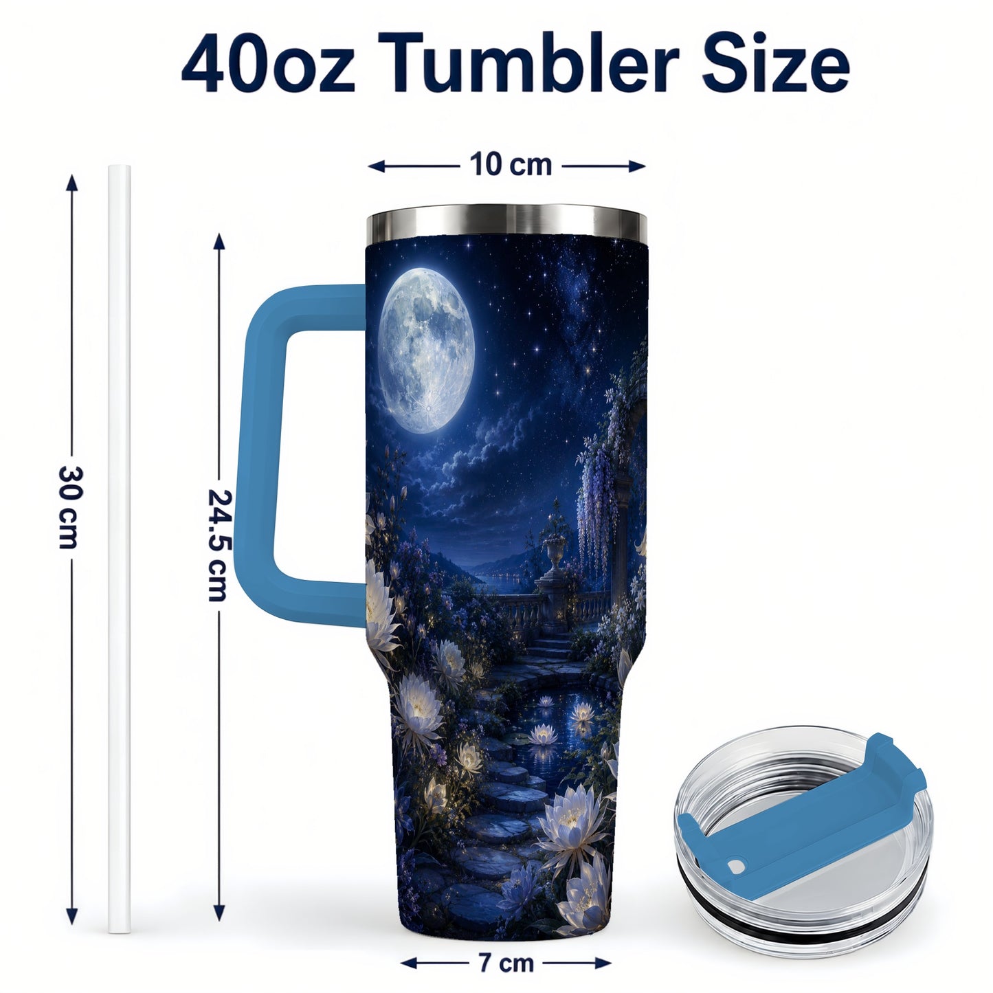 #pl[40oz|Blue] Moonlit Garden 40oz Tumbler with Handle, Floral Celestial Art