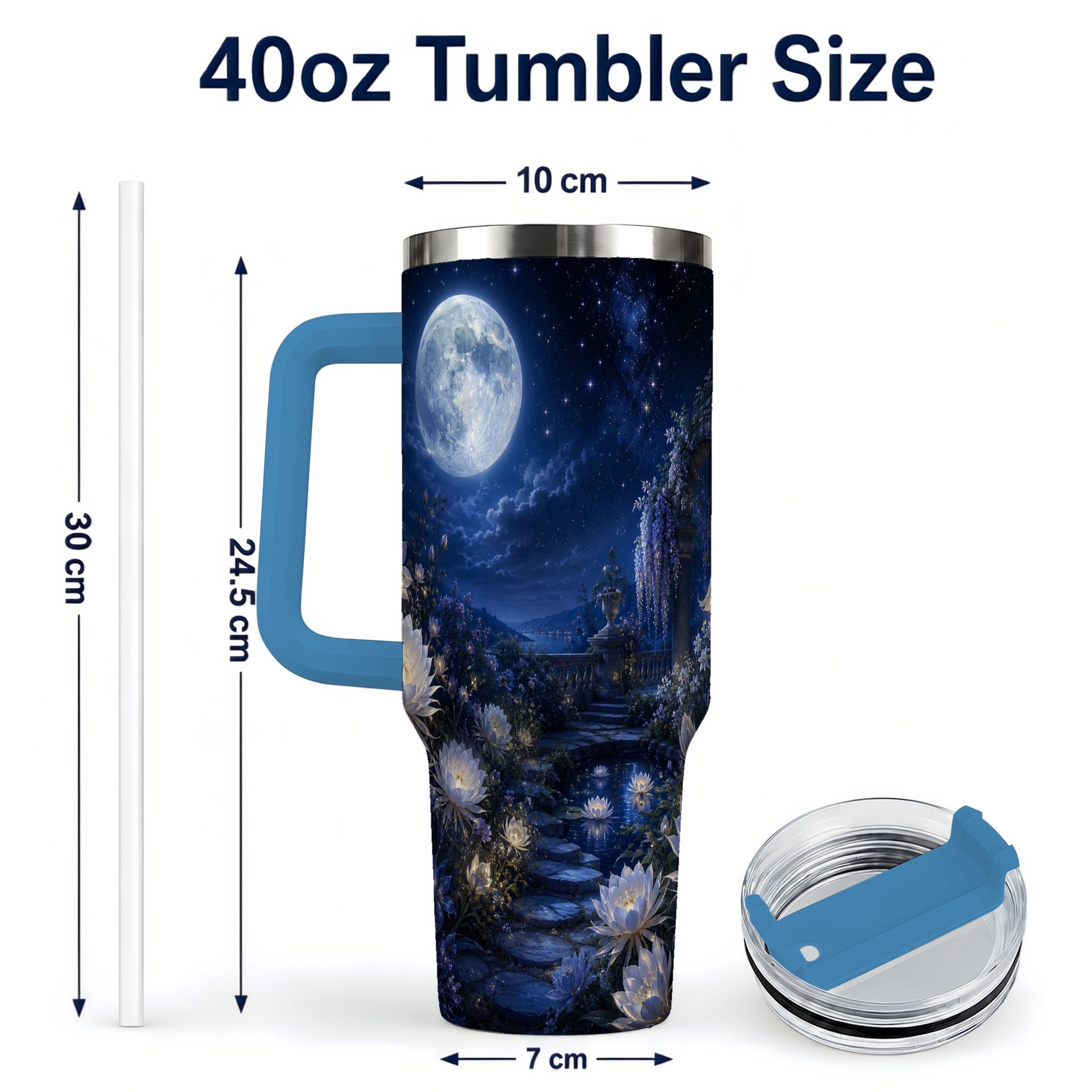 #pl[40oz|Blue] Moonlit Garden 40oz Tumbler with Handle, Floral Celestial Art