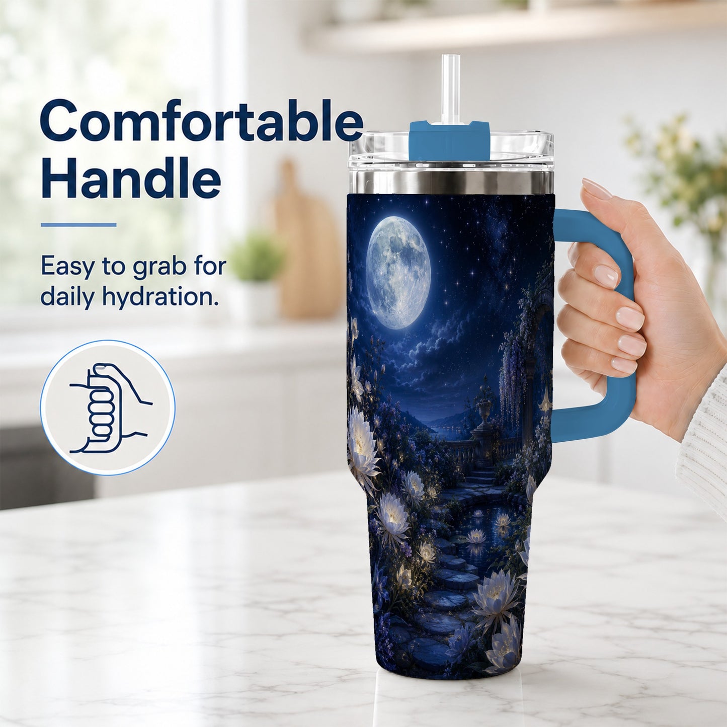#pl[40oz|Blue] Moonlit Garden 40oz Tumbler with Handle, Floral Celestial Art