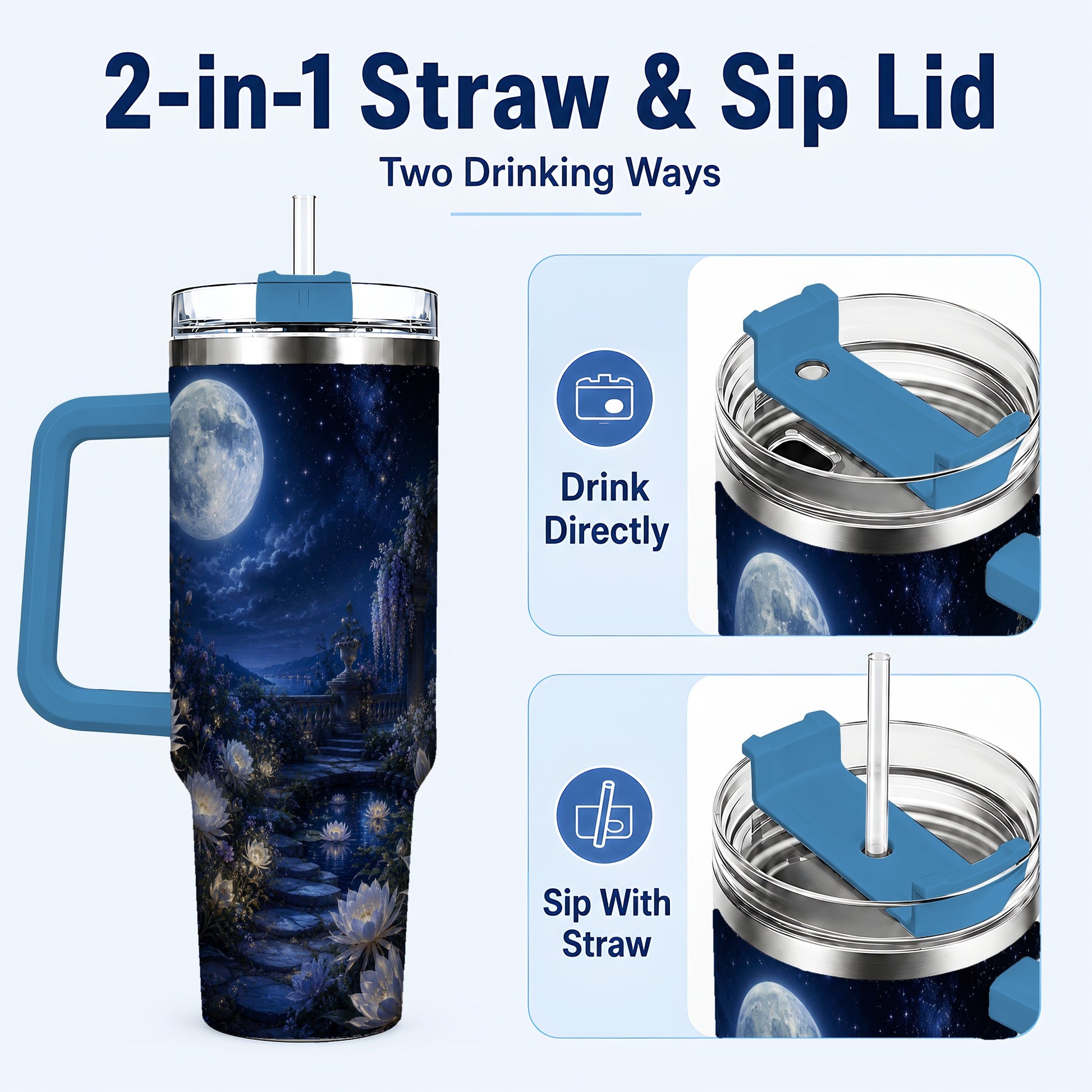 #pl[40oz|Blue] Moonlit Garden 40oz Tumbler with Handle, Floral Celestial Art