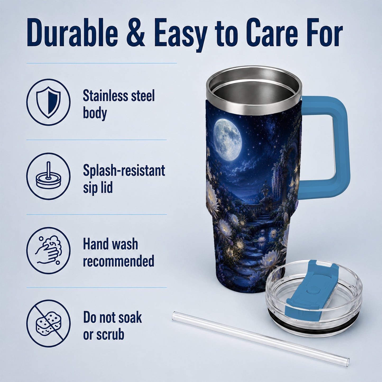 #pl[40oz|Blue] Moonlit Garden 40oz Tumbler with Handle, Floral Celestial Art