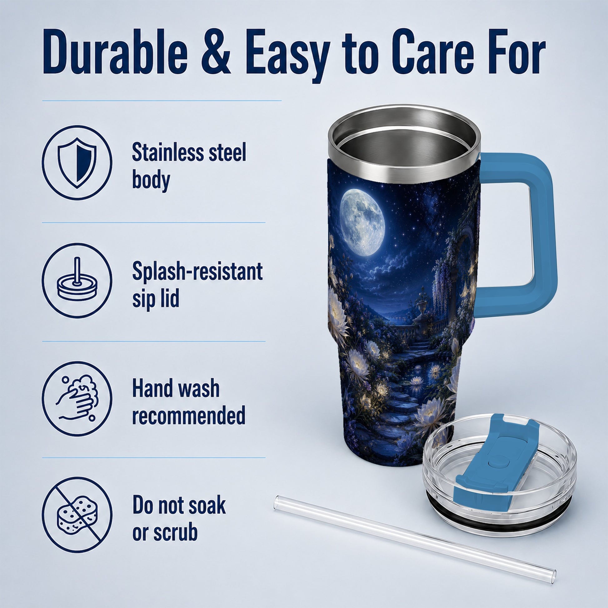 #pl[40oz|Blue] Moonlit Garden 40oz Tumbler with Handle, Floral Celestial Art