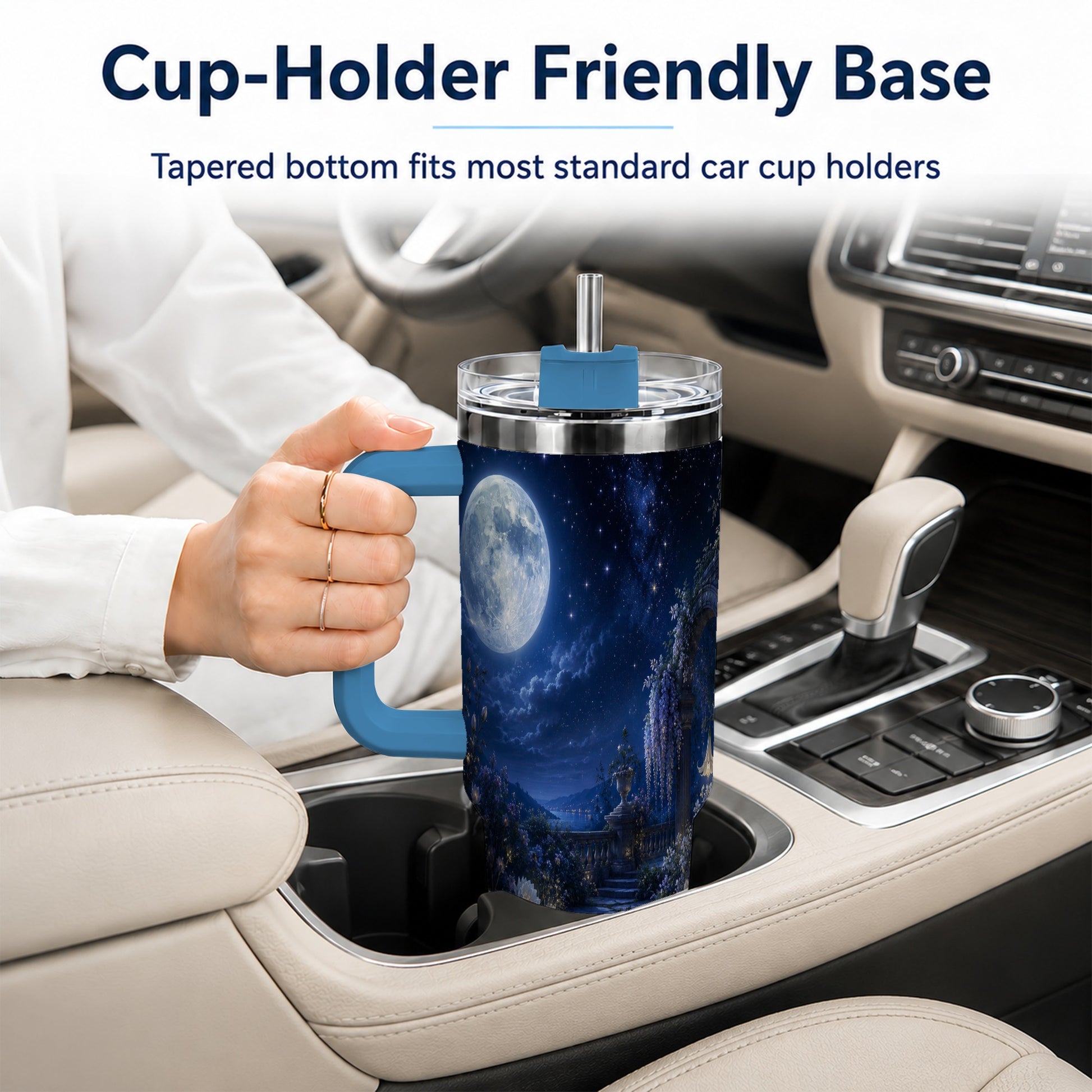 #pl[40oz|Blue] Moonlit Garden 40oz Tumbler with Handle, Floral Celestial Art