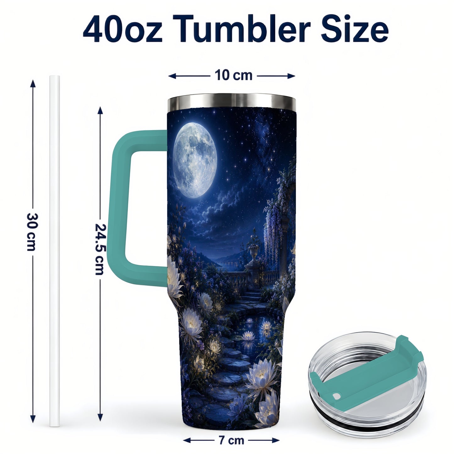 #pl[40oz|Green] Moonlit Garden 40oz Tumbler with Handle, Floral Celestial Art