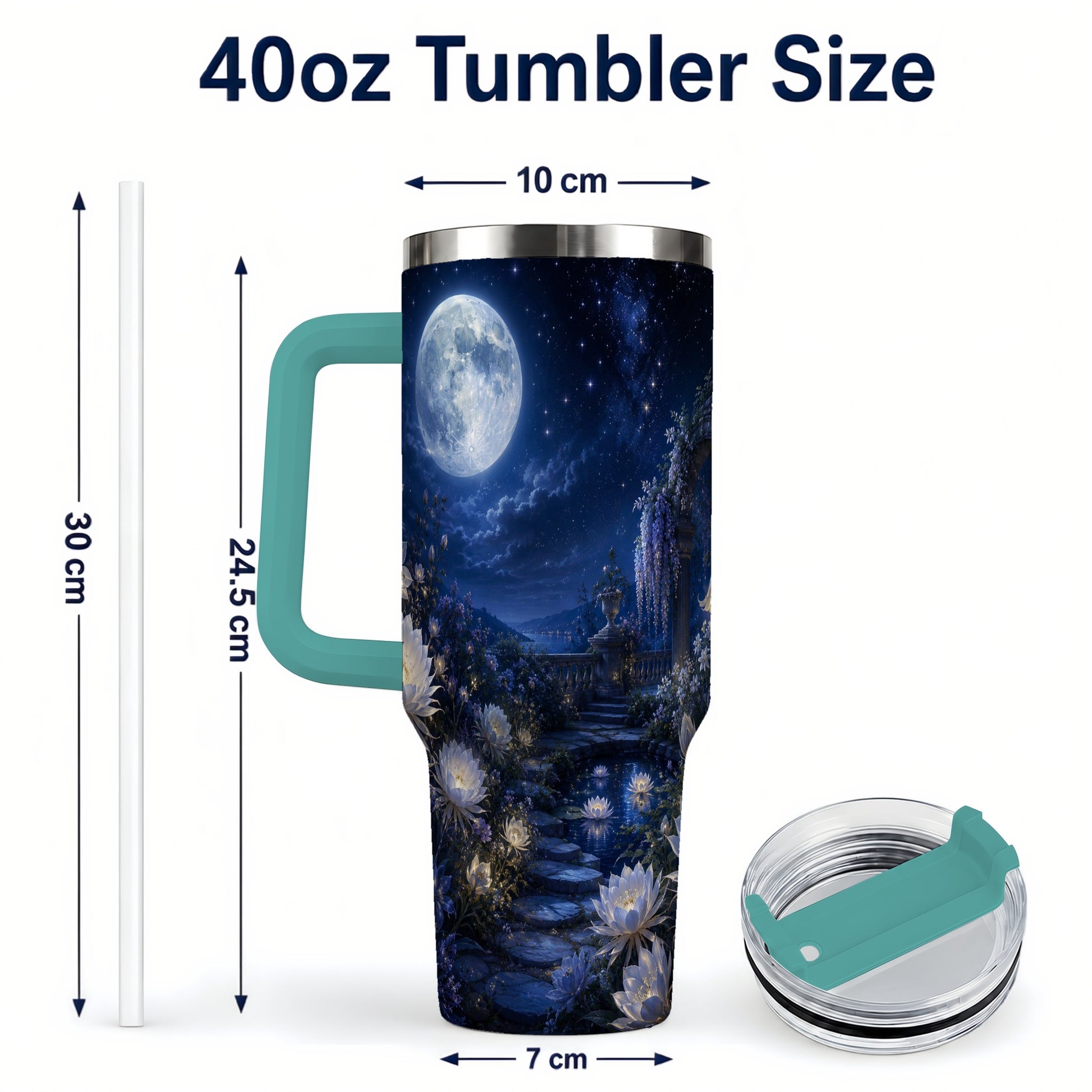 #pl[40oz|Green] Moonlit Garden 40oz Tumbler with Handle, Floral Celestial Art