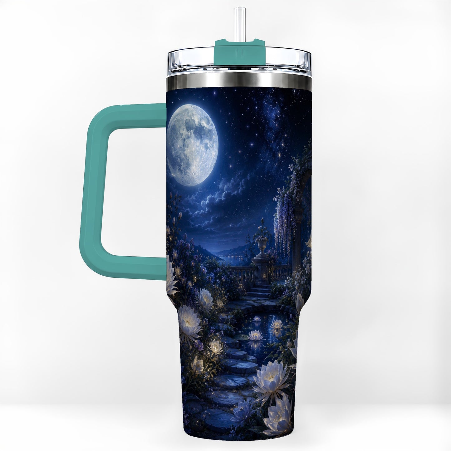 #pl[40oz|Green] Moonlit Garden 40oz Tumbler with Handle, Floral Celestial Art
