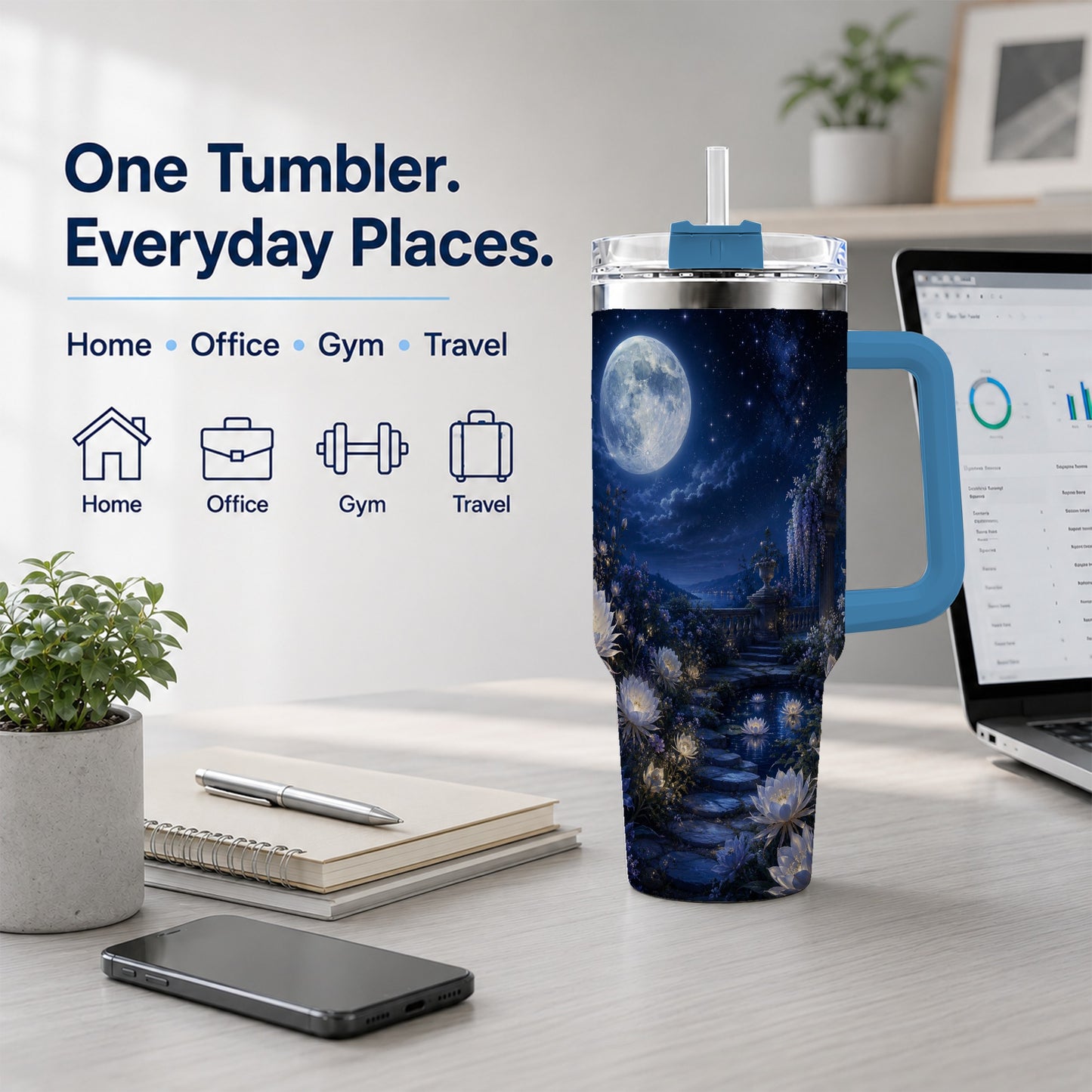#pl[40oz|Blue] Moonlit Garden 40oz Tumbler with Handle, Floral Celestial Art