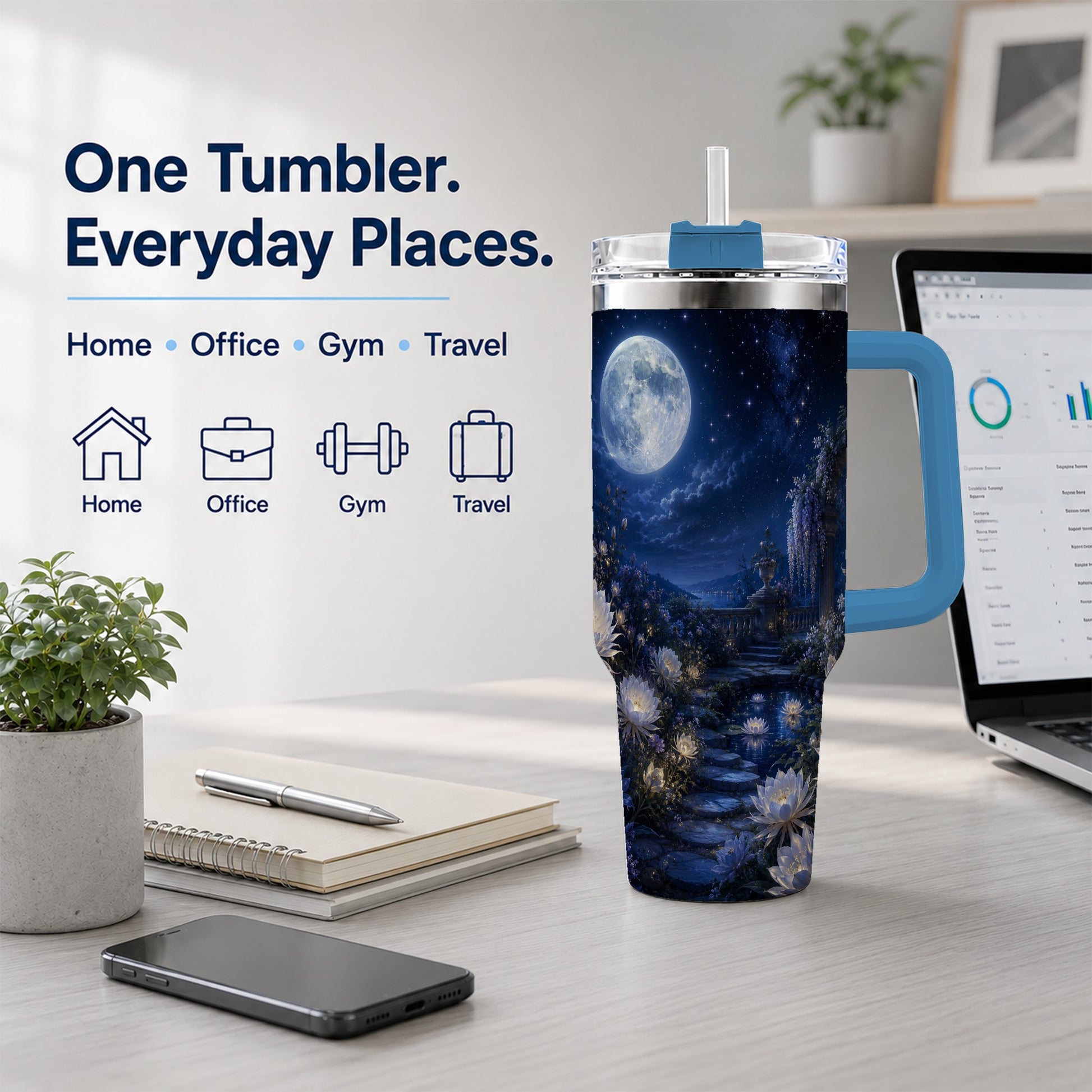 #pl[40oz|Blue] Moonlit Garden 40oz Tumbler with Handle, Floral Celestial Art