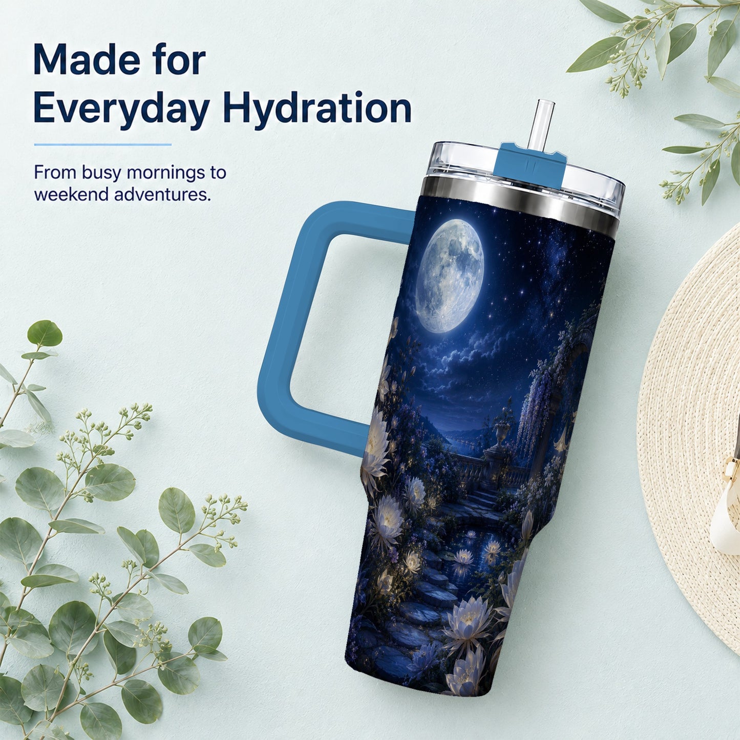 #pl[40oz|Blue] Moonlit Garden 40oz Tumbler with Handle, Floral Celestial Art