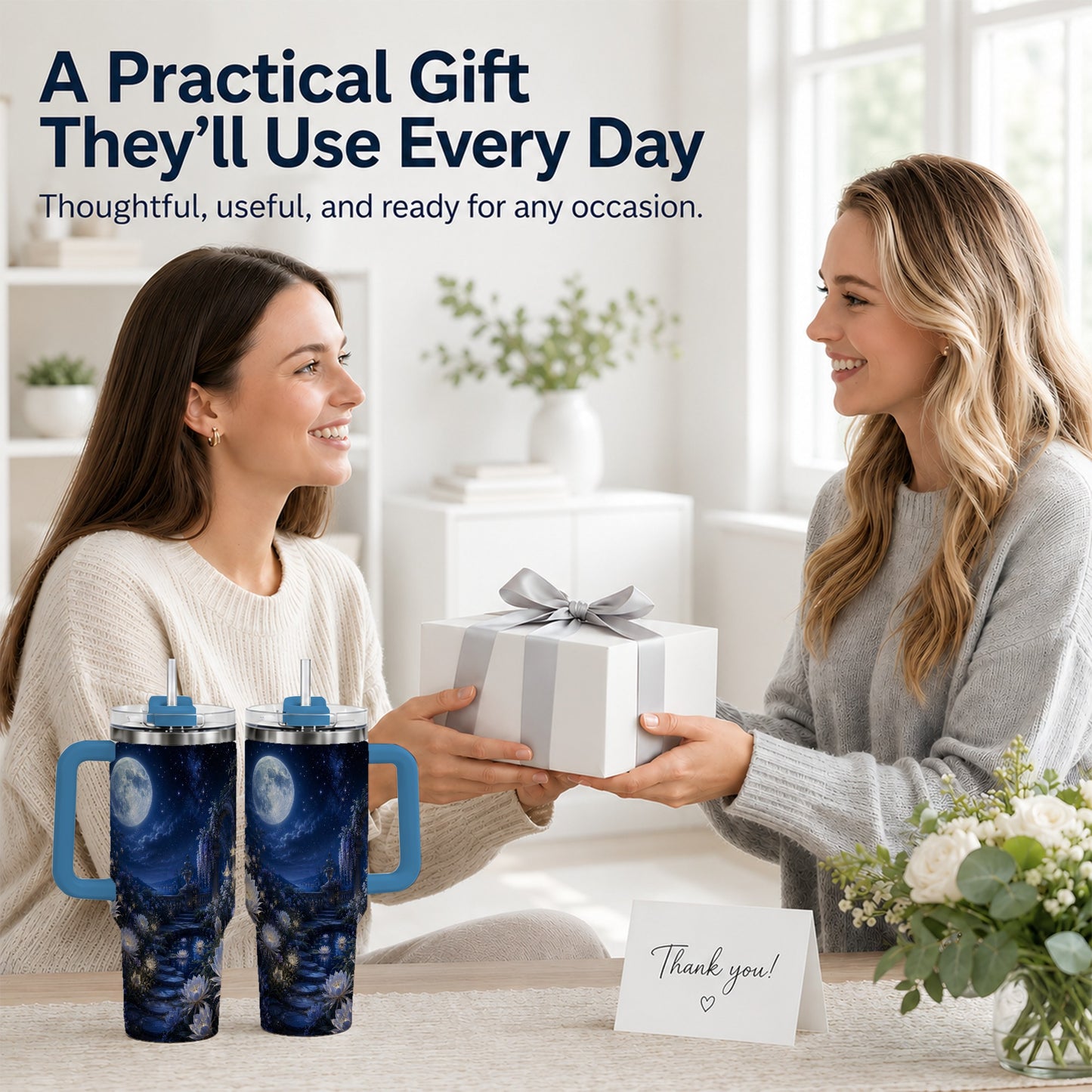 #pl[40oz|Blue] Moonlit Garden 40oz Tumbler with Handle, Floral Celestial Art