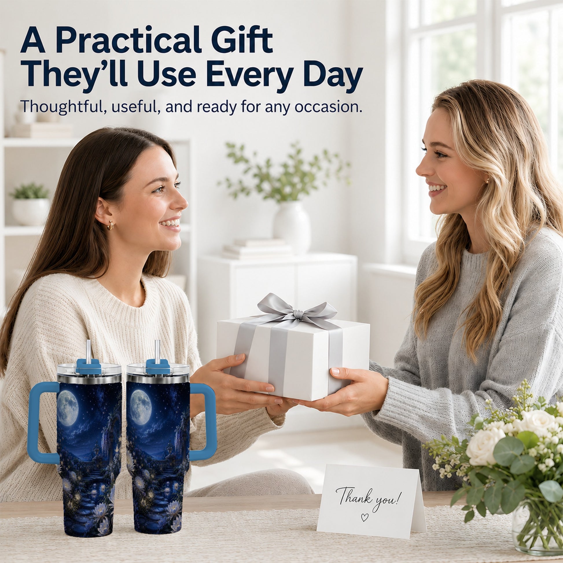 #pl[40oz|Blue] Moonlit Garden 40oz Tumbler with Handle, Floral Celestial Art