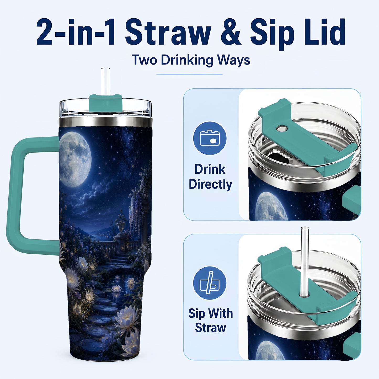 #pl[40oz|Green] Moonlit Garden 40oz Tumbler with Handle, Floral Celestial Art