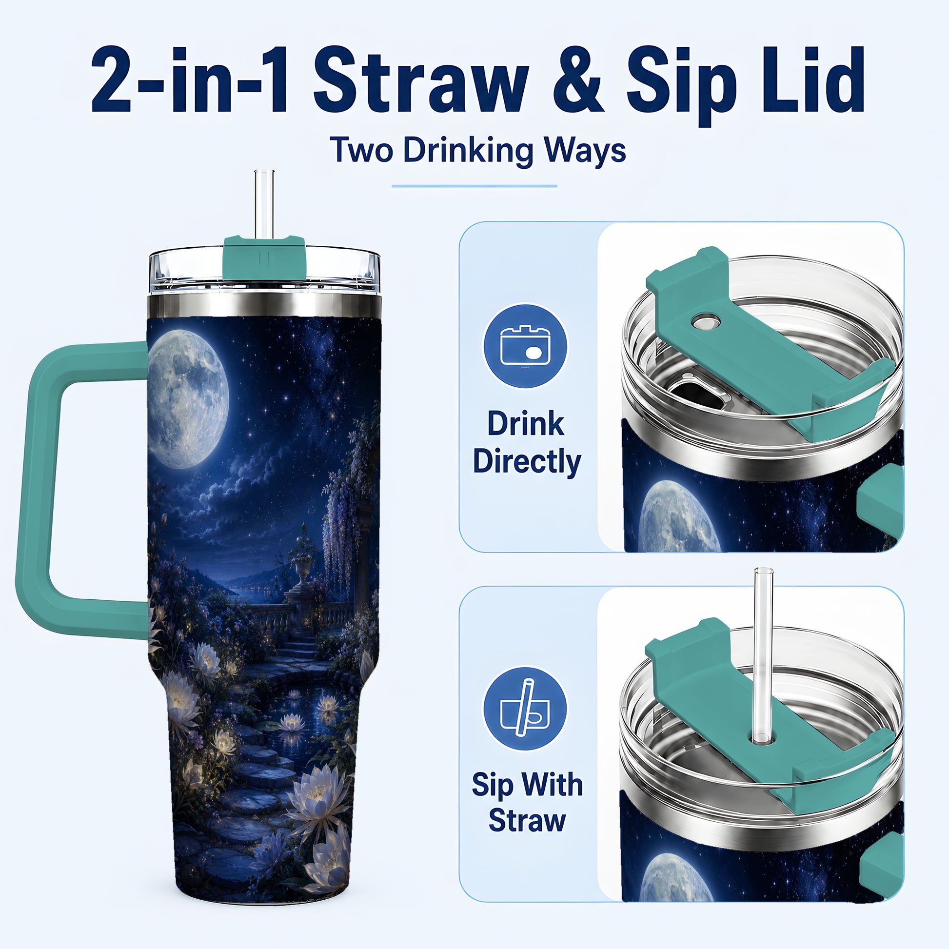 #pl[40oz|Green] Moonlit Garden 40oz Tumbler with Handle, Floral Celestial Art
