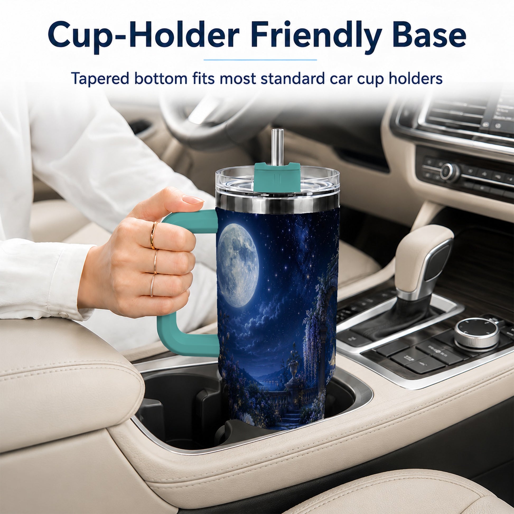 #pl[40oz|Green] Moonlit Garden 40oz Tumbler with Handle, Floral Celestial Art