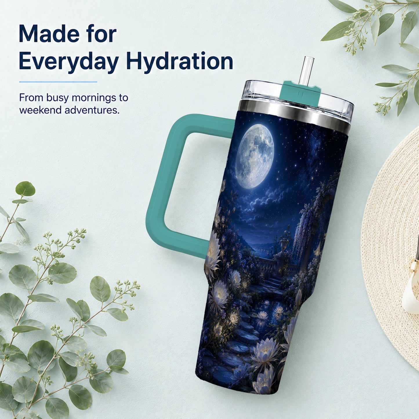#pl[40oz|Green] Moonlit Garden 40oz Tumbler with Handle, Floral Celestial Art