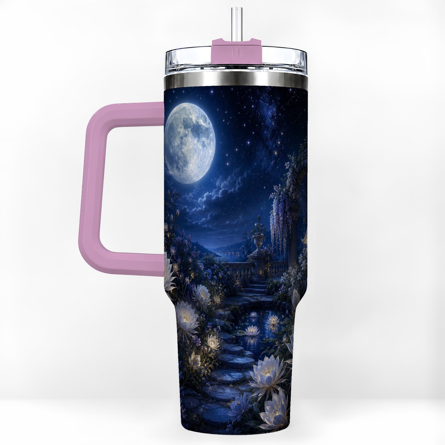 #pl[40oz|Pink] Moonlit Garden 40oz Tumbler with Handle, Floral Celestial Art