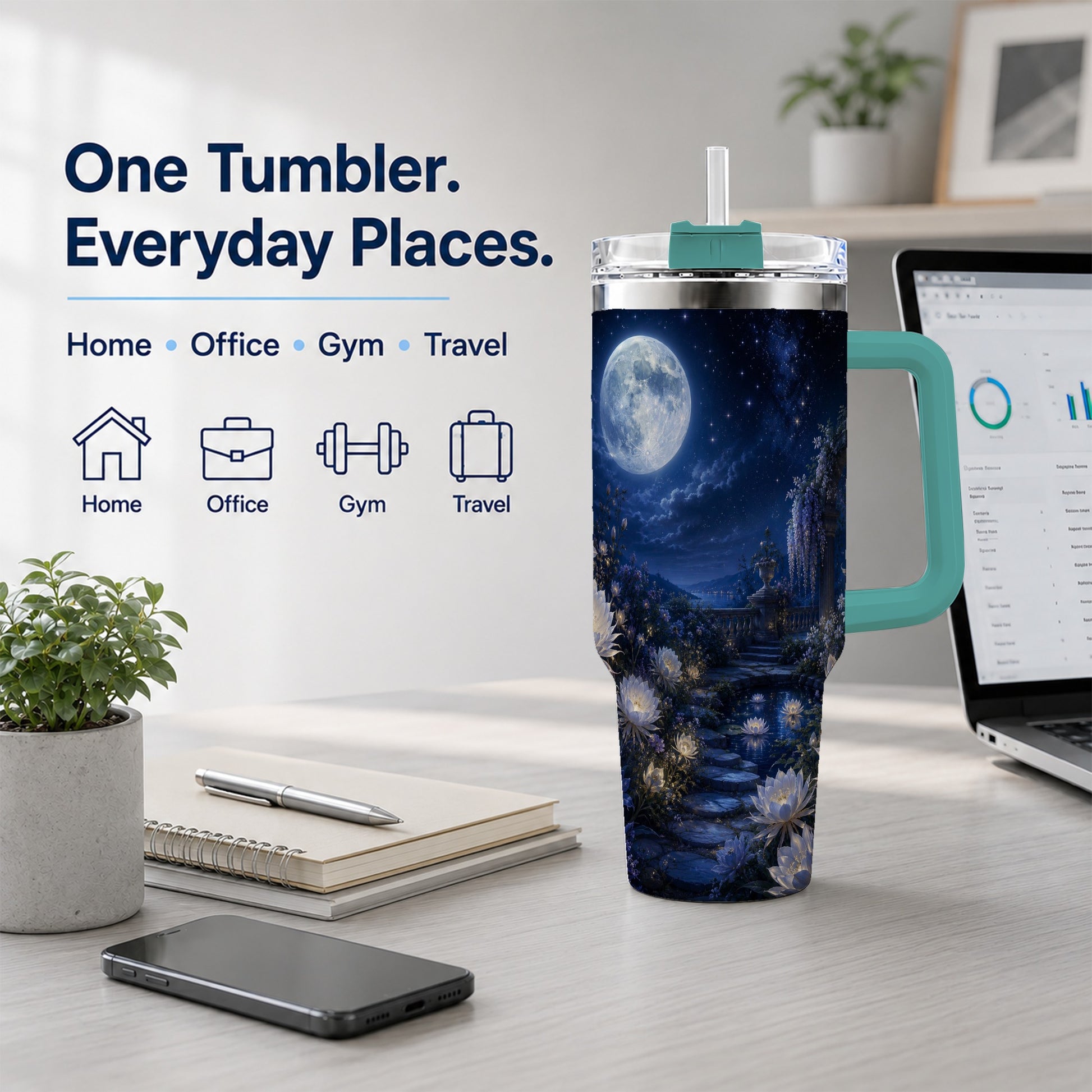 #pl[40oz|Green] Moonlit Garden 40oz Tumbler with Handle, Floral Celestial Art