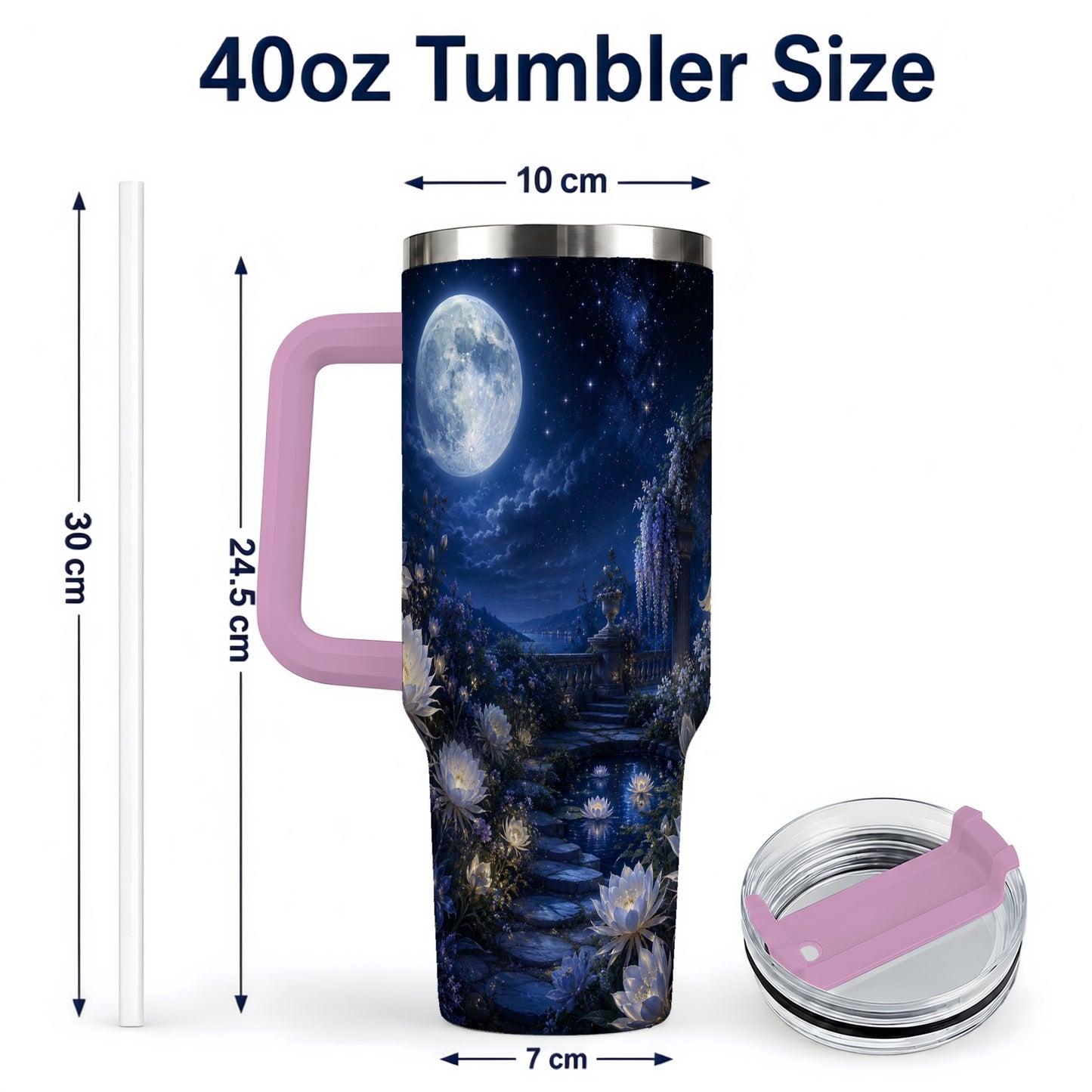 #pl[40oz|Pink] Moonlit Garden 40oz Tumbler with Handle, Floral Celestial Art