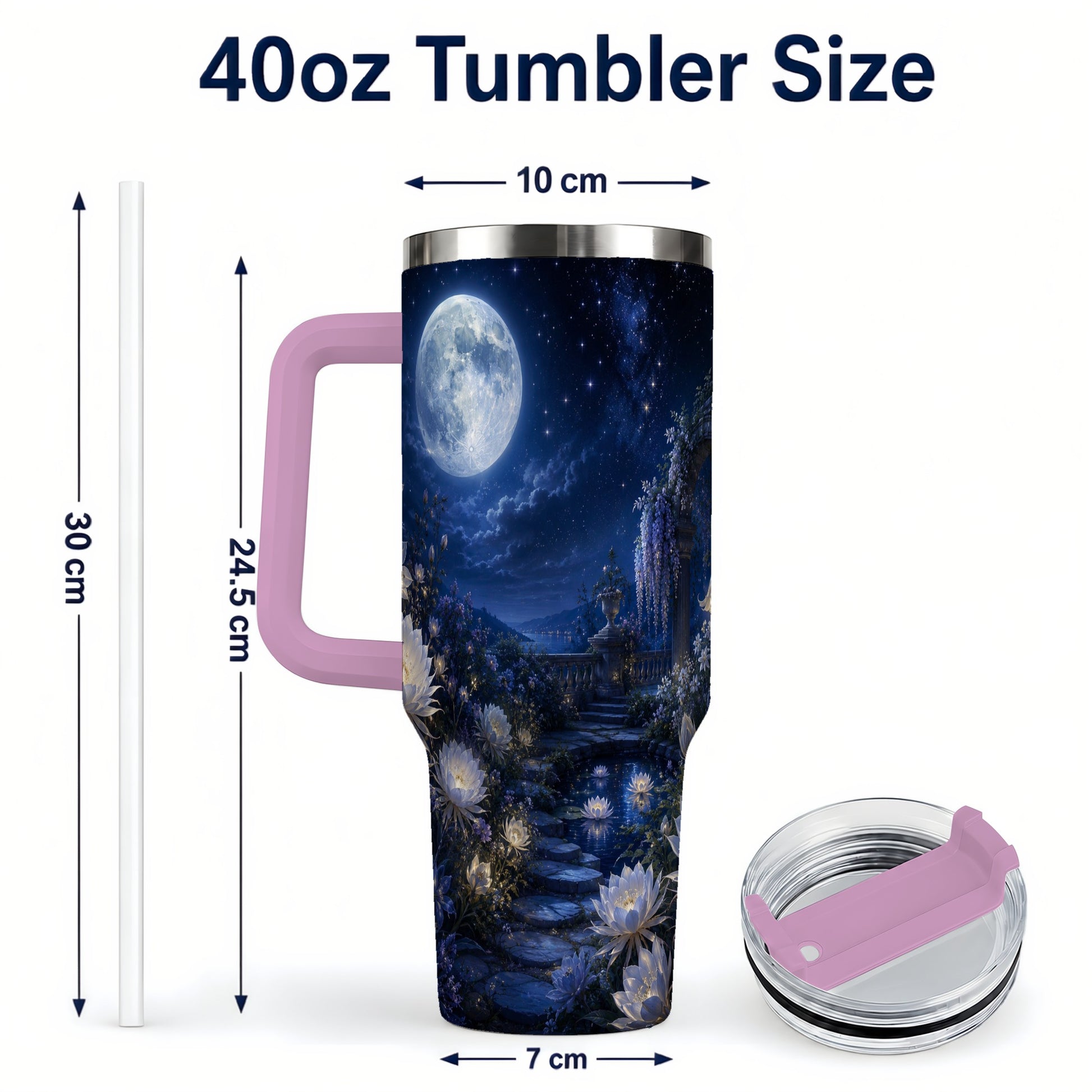 #pl[40oz|Pink] Moonlit Garden 40oz Tumbler with Handle, Floral Celestial Art