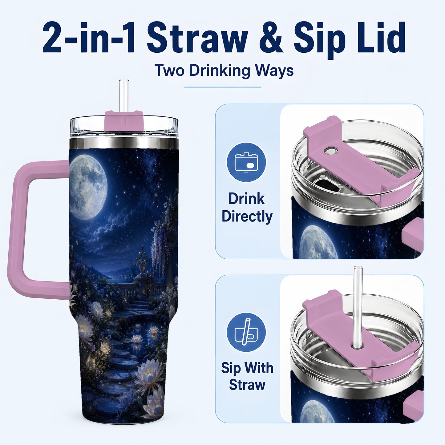#pl[40oz|Pink] Moonlit Garden 40oz Tumbler with Handle, Floral Celestial Art