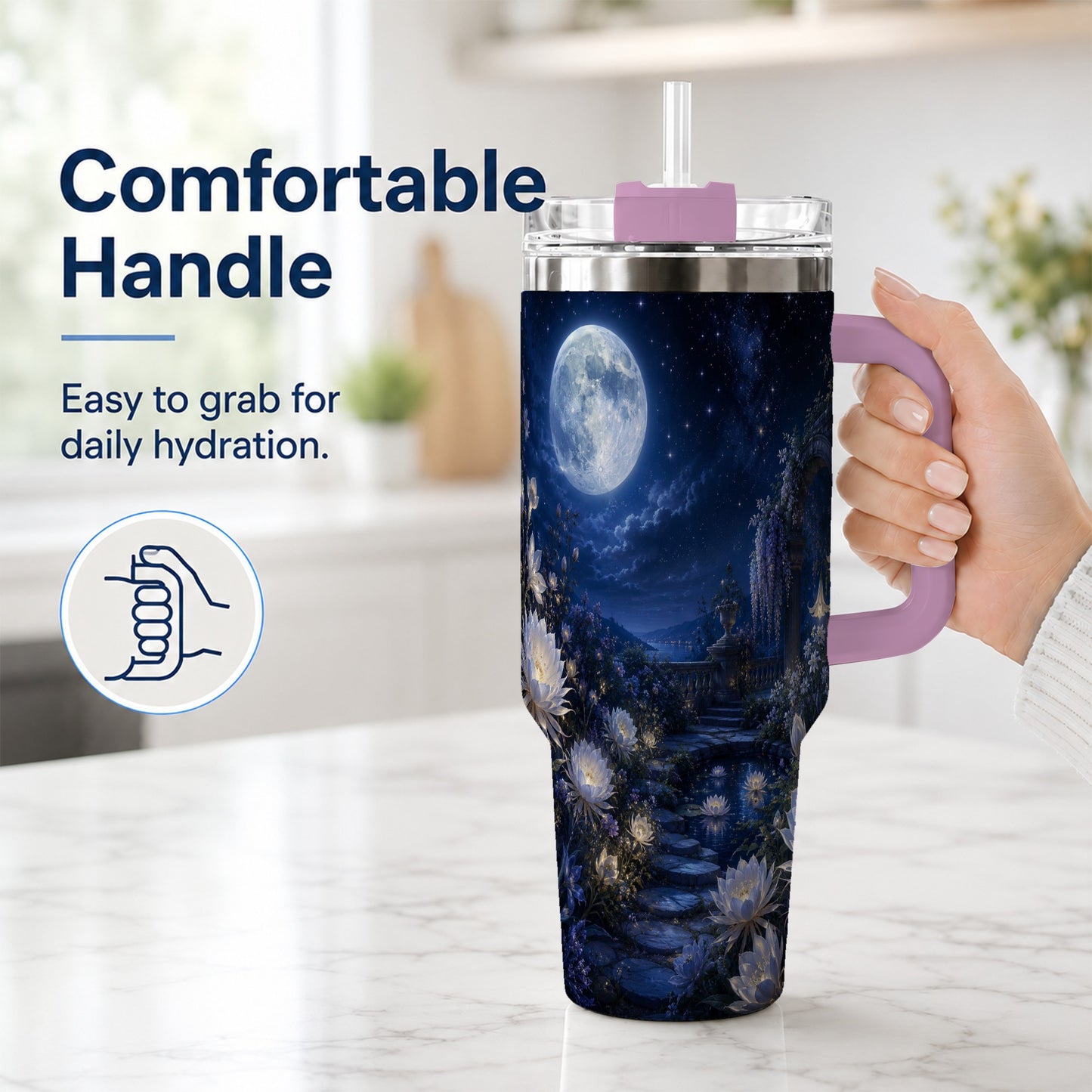 #pl[40oz|Pink] Moonlit Garden 40oz Tumbler with Handle, Floral Celestial Art