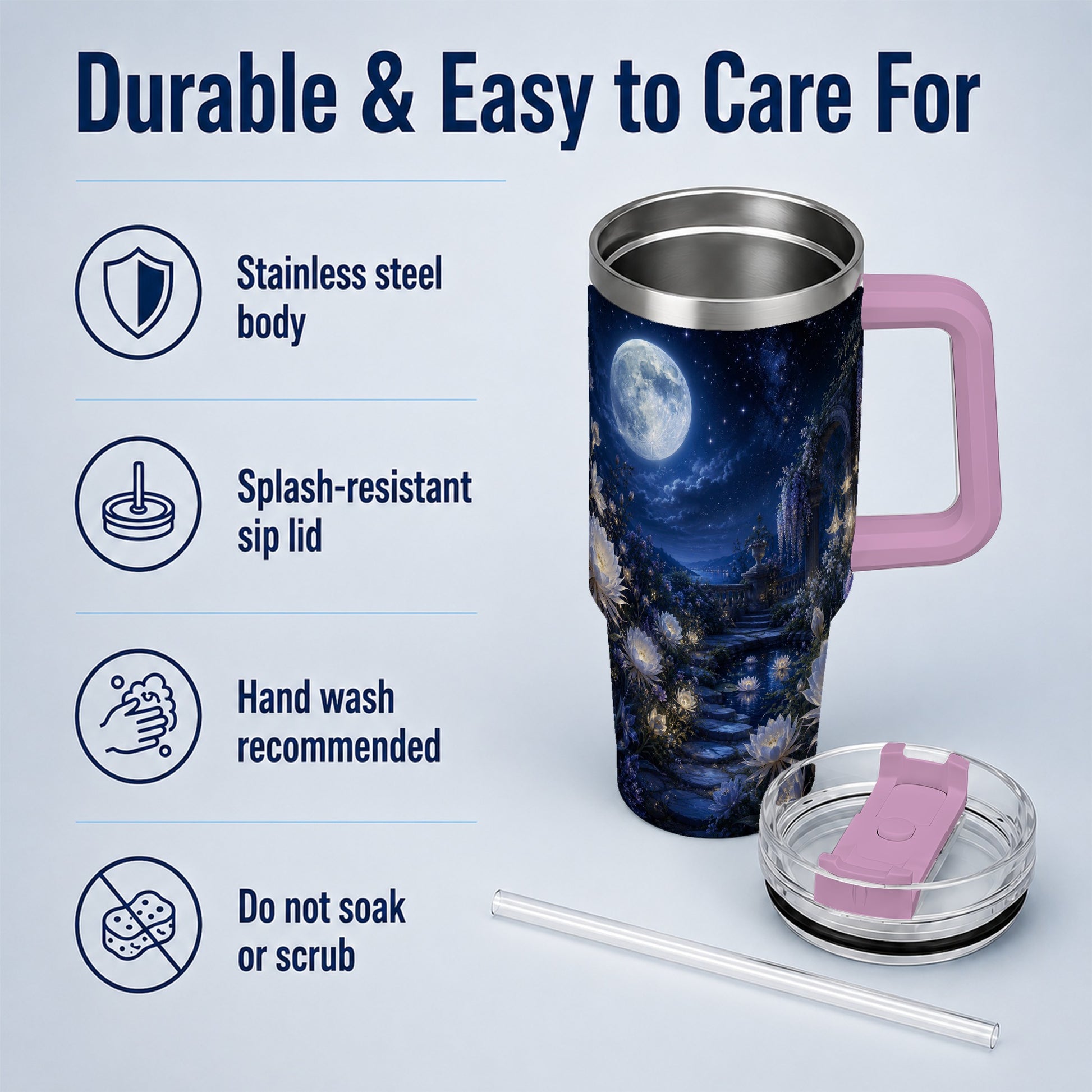 #pl[40oz|Pink] Moonlit Garden 40oz Tumbler with Handle, Floral Celestial Art