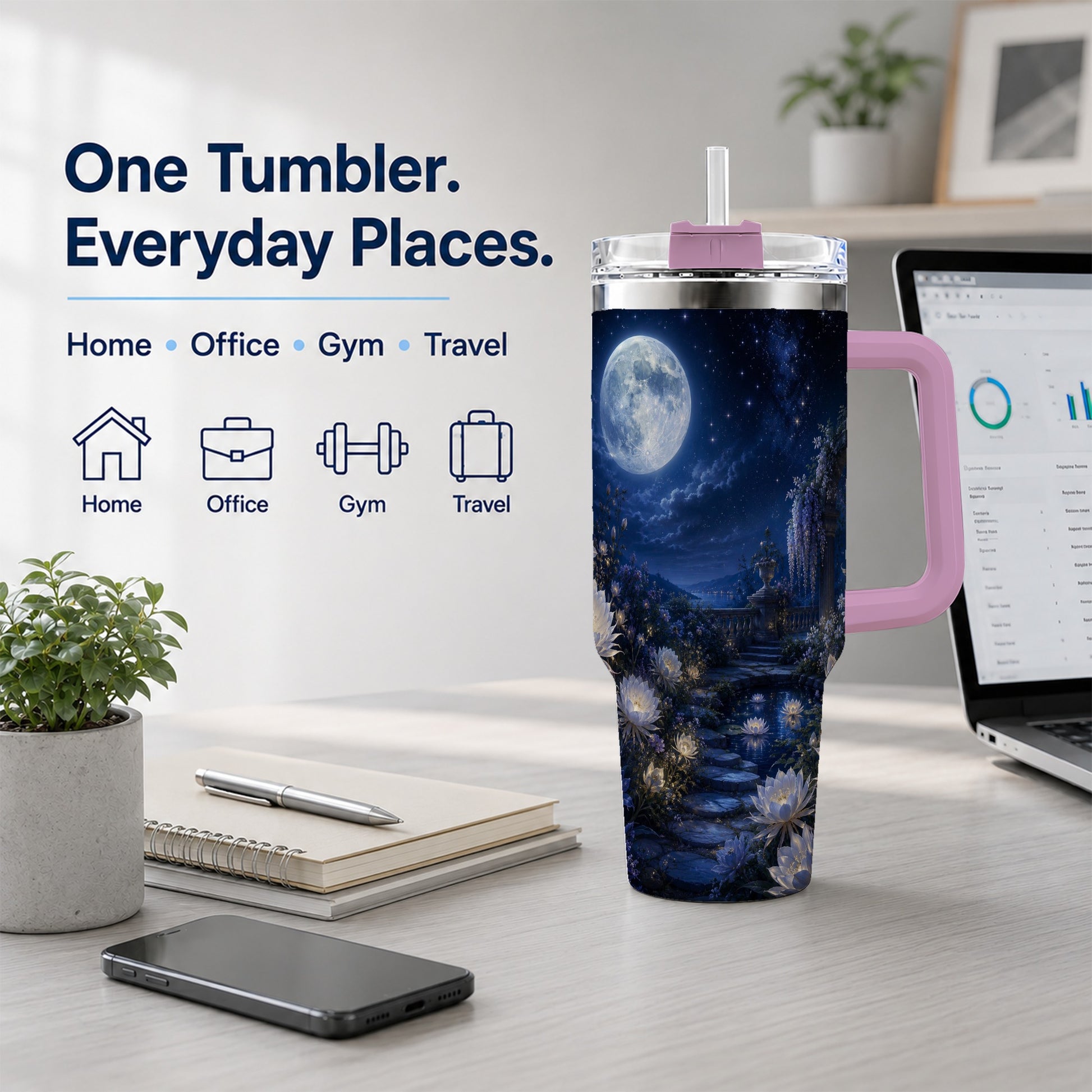 #pl[40oz|Pink] Moonlit Garden 40oz Tumbler with Handle, Floral Celestial Art