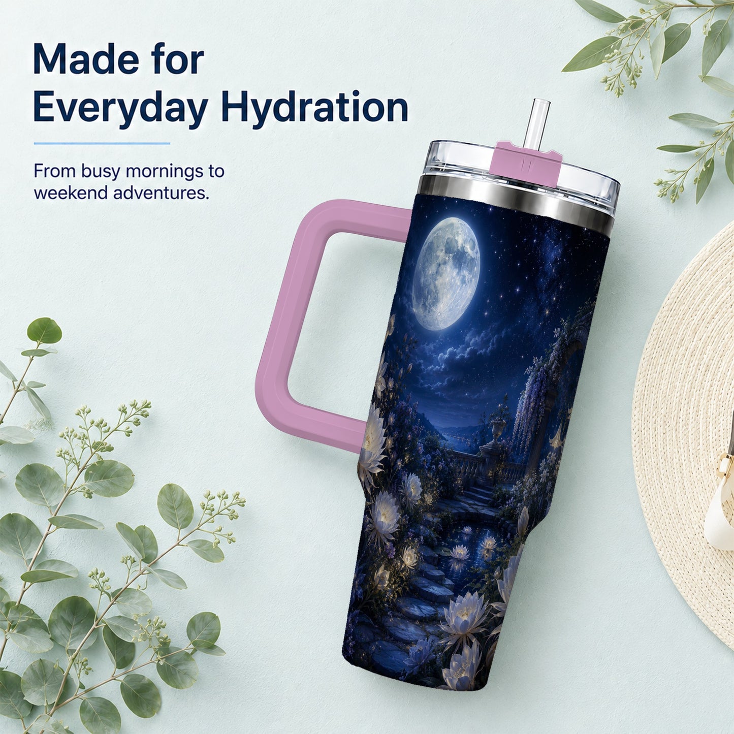 #pl[40oz|Pink] Moonlit Garden 40oz Tumbler with Handle, Floral Celestial Art