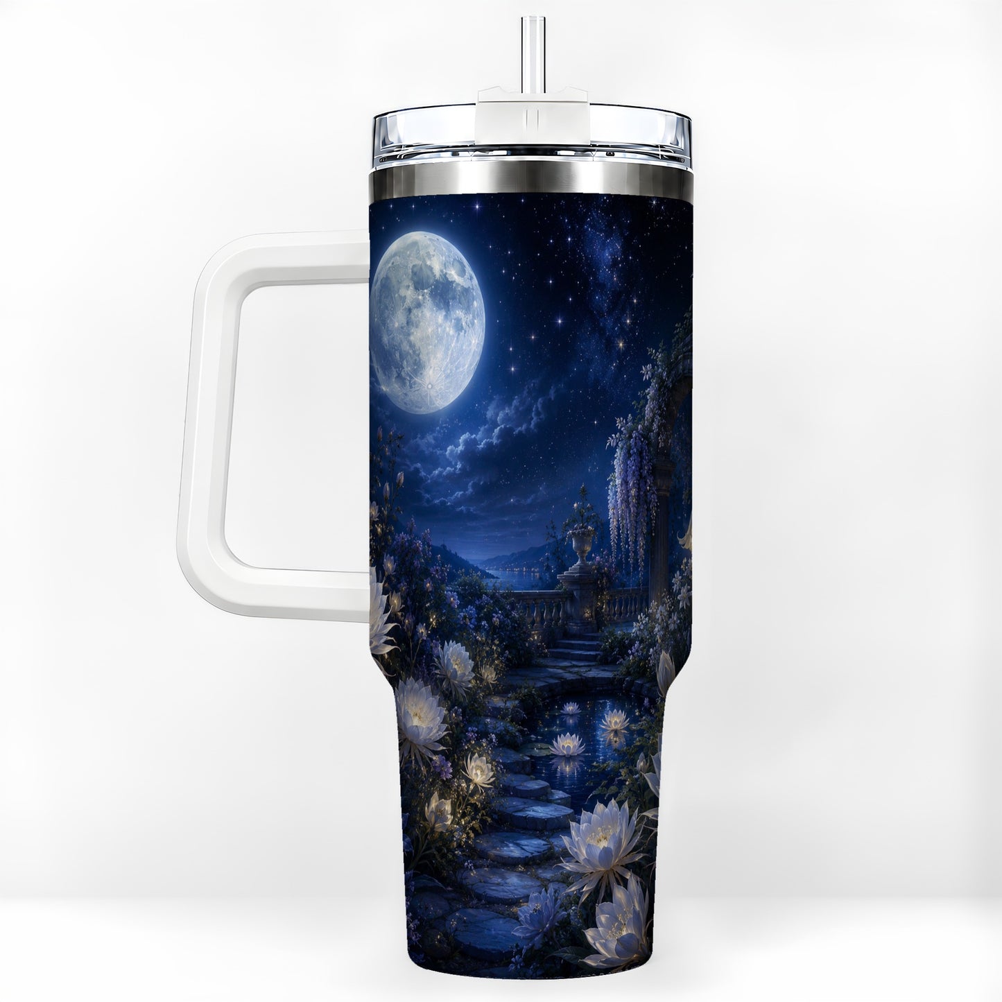 Moonlit Garden 40oz Tumbler with Handle, Floral Celestial Art