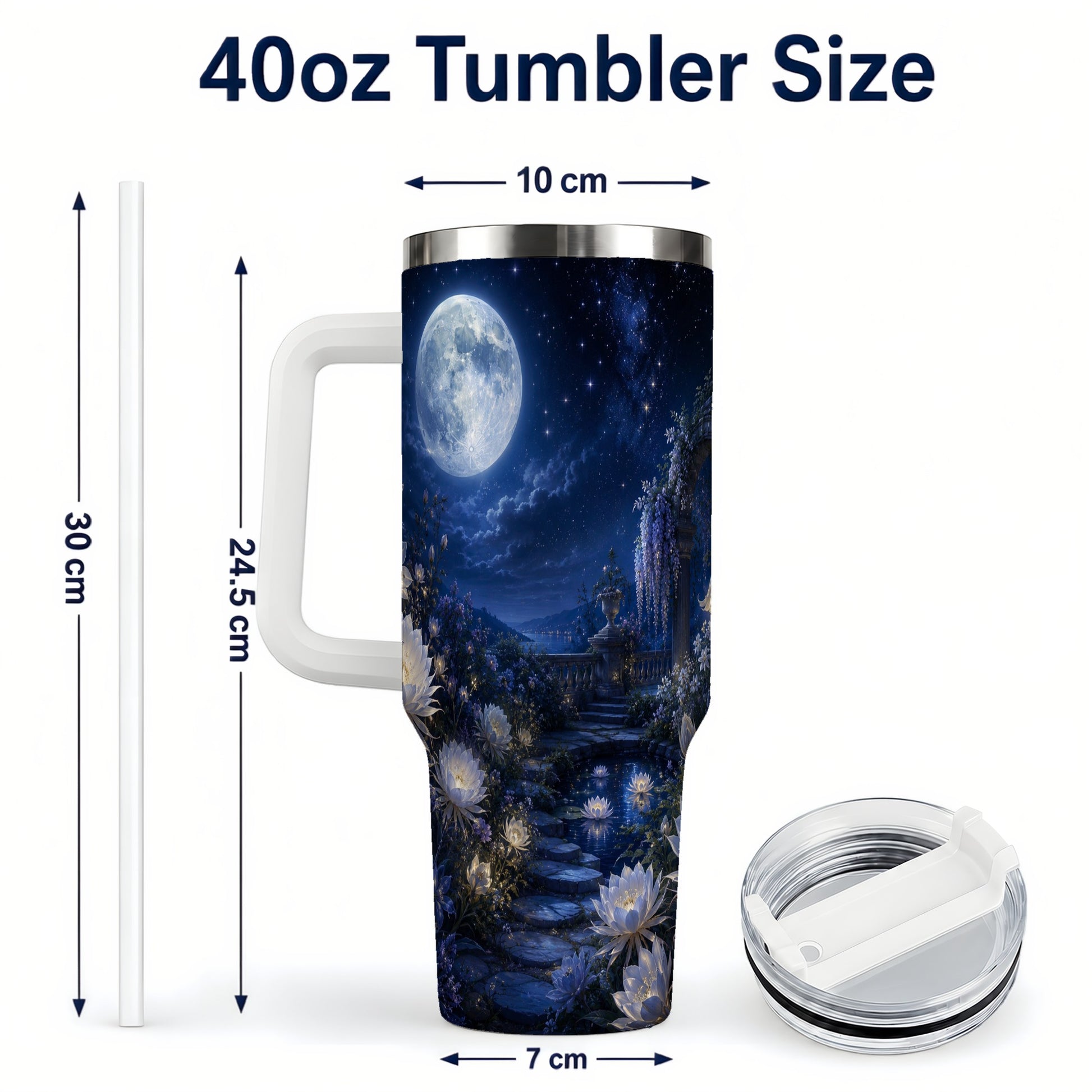 #pl[40oz|White] Moonlit Garden 40oz Tumbler with Handle, Floral Celestial Art