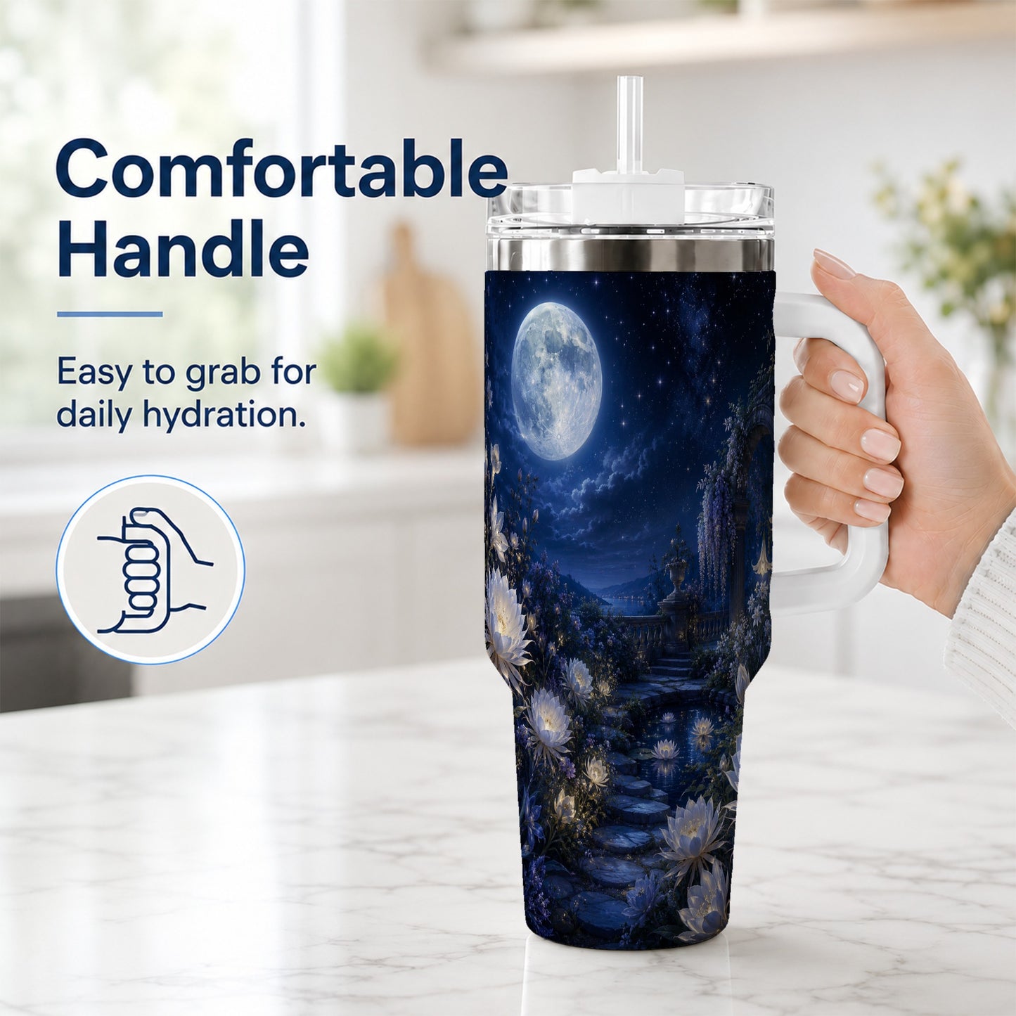 #pl[40oz|White] Moonlit Garden 40oz Tumbler with Handle, Floral Celestial Art