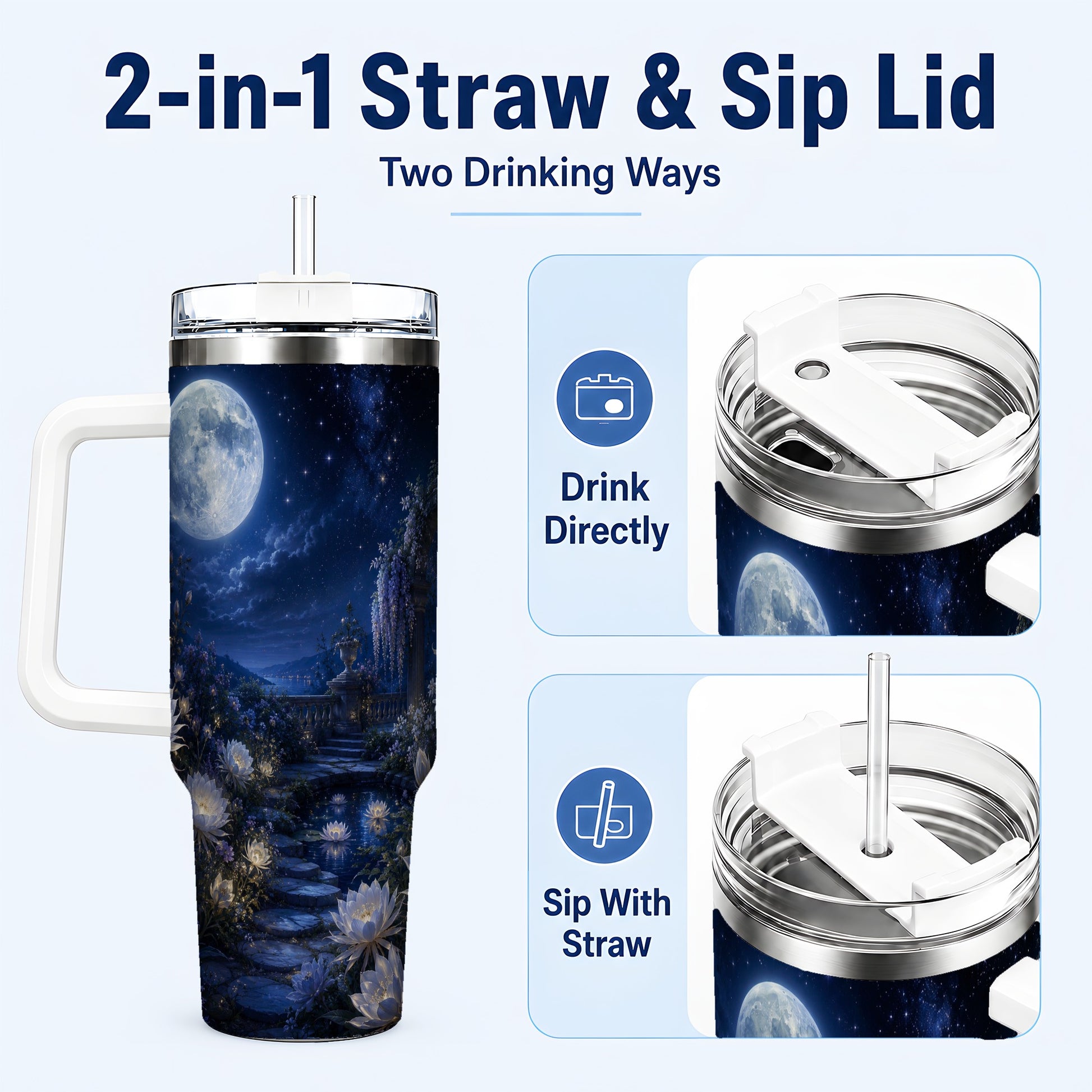 #pl[40oz|White] Moonlit Garden 40oz Tumbler with Handle, Floral Celestial Art
