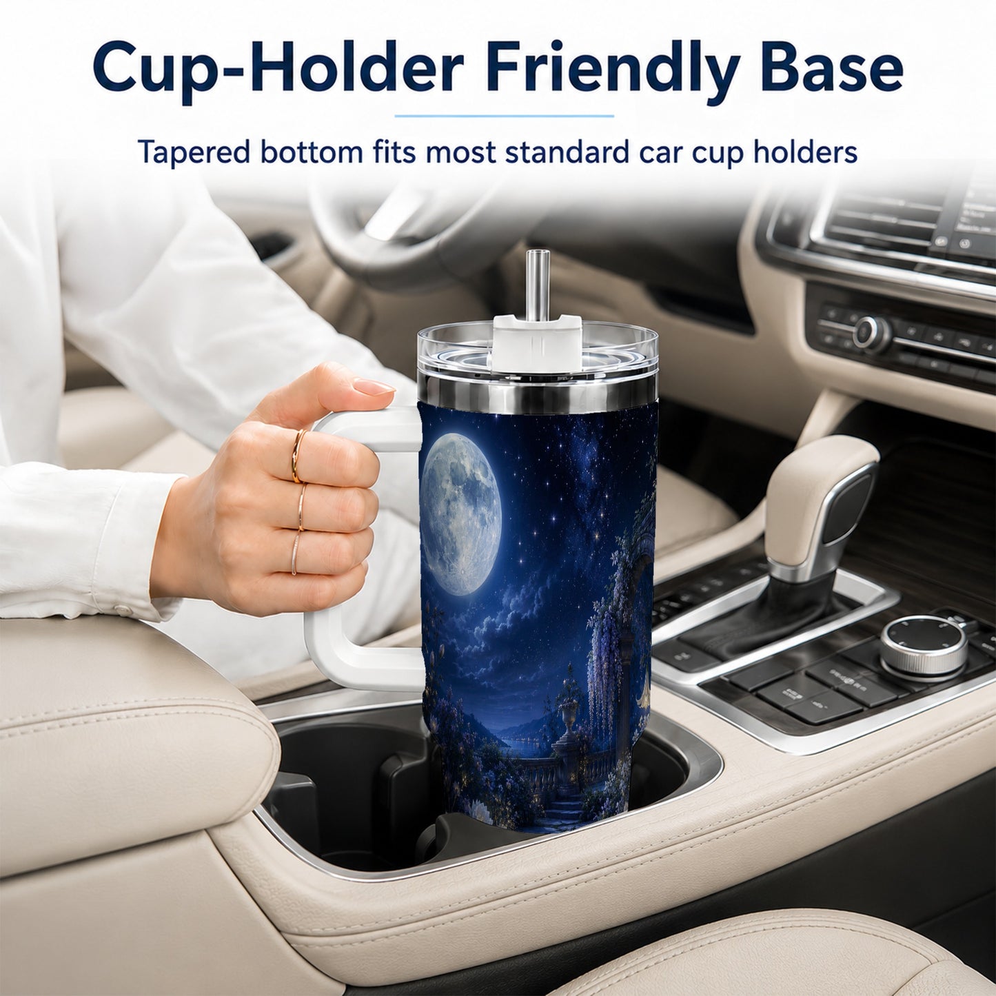 #pl[40oz|White] Moonlit Garden 40oz Tumbler with Handle, Floral Celestial Art