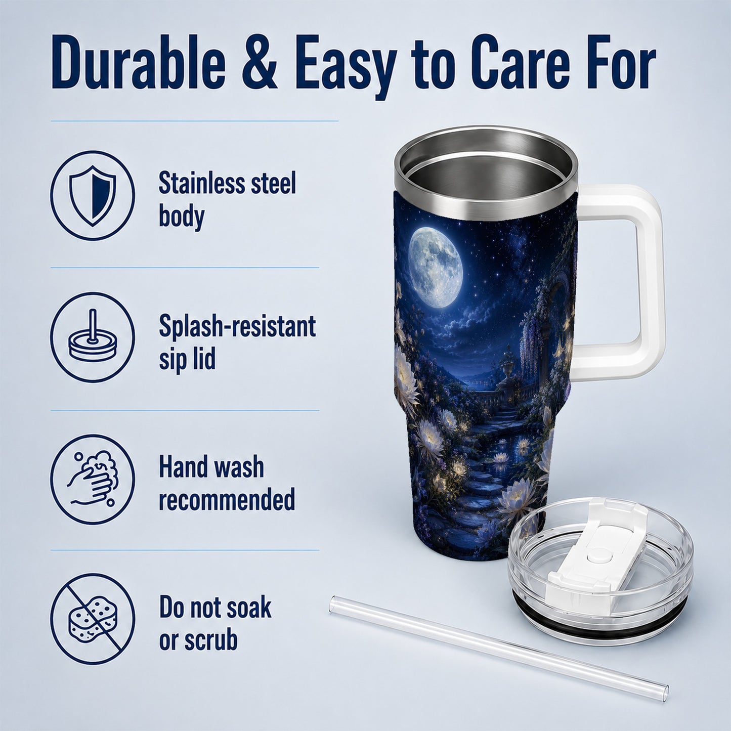 #pl[40oz|White] Moonlit Garden 40oz Tumbler with Handle, Floral Celestial Art
