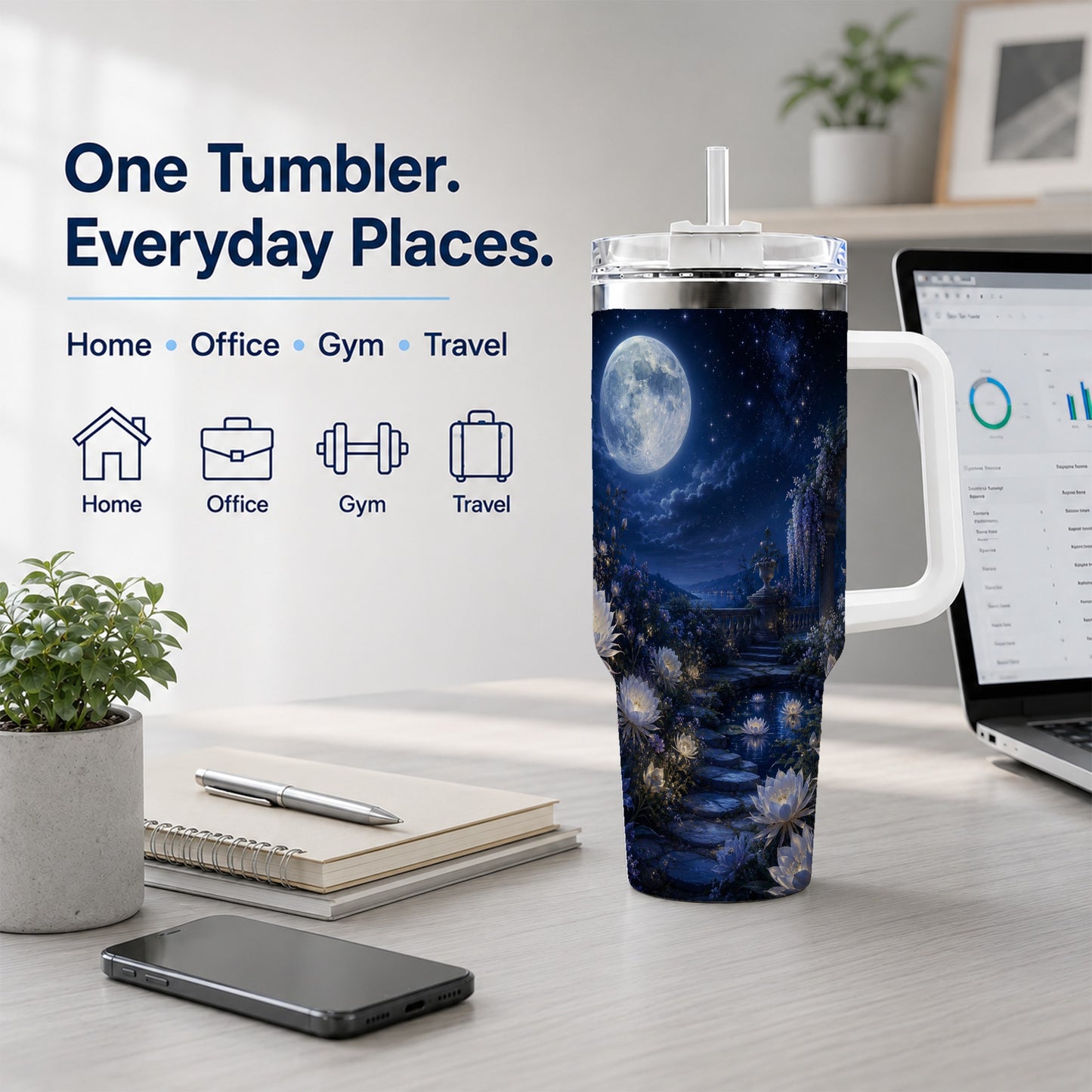 #pl[40oz|White] Moonlit Garden 40oz Tumbler with Handle, Floral Celestial Art