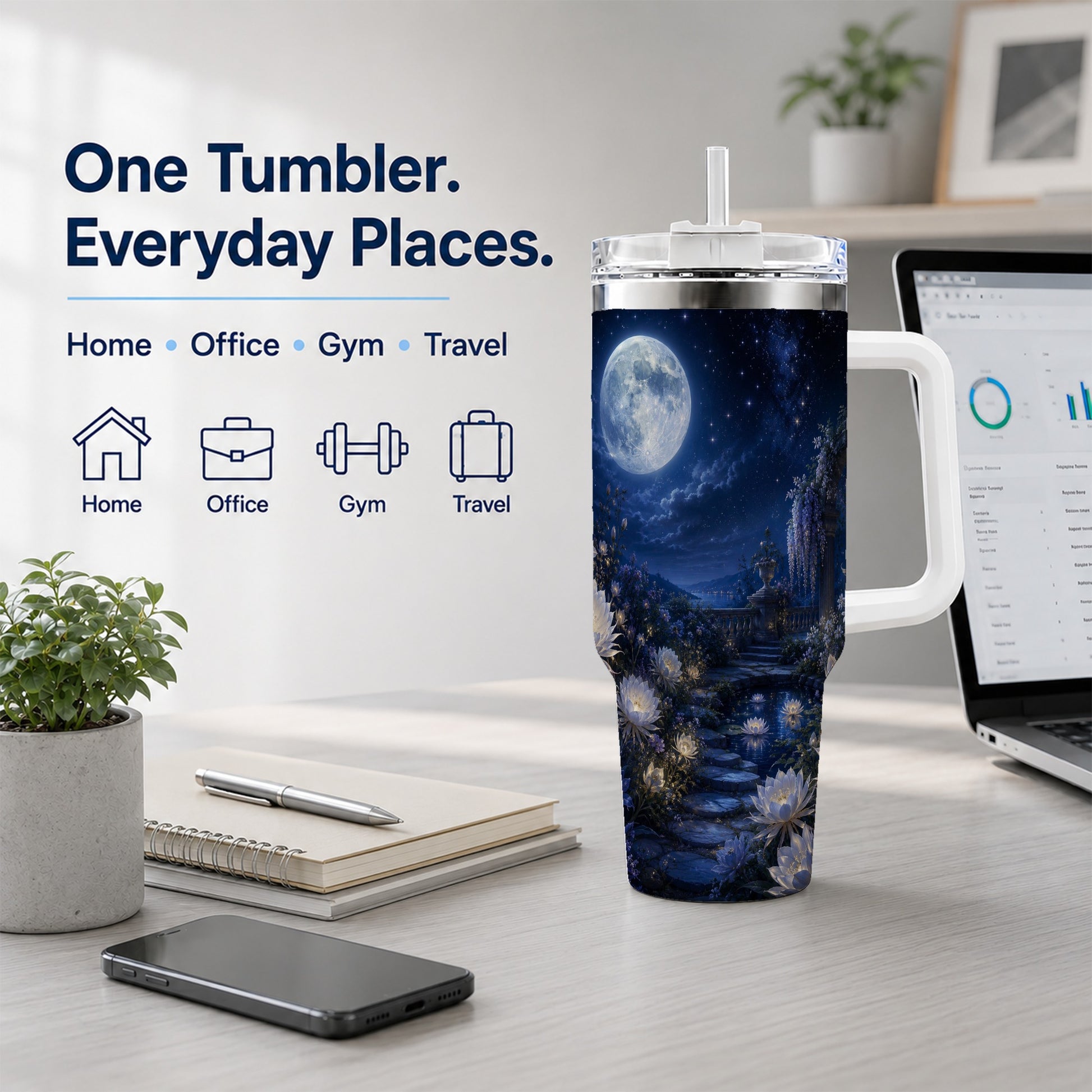 #pl[40oz|White] Moonlit Garden 40oz Tumbler with Handle, Floral Celestial Art