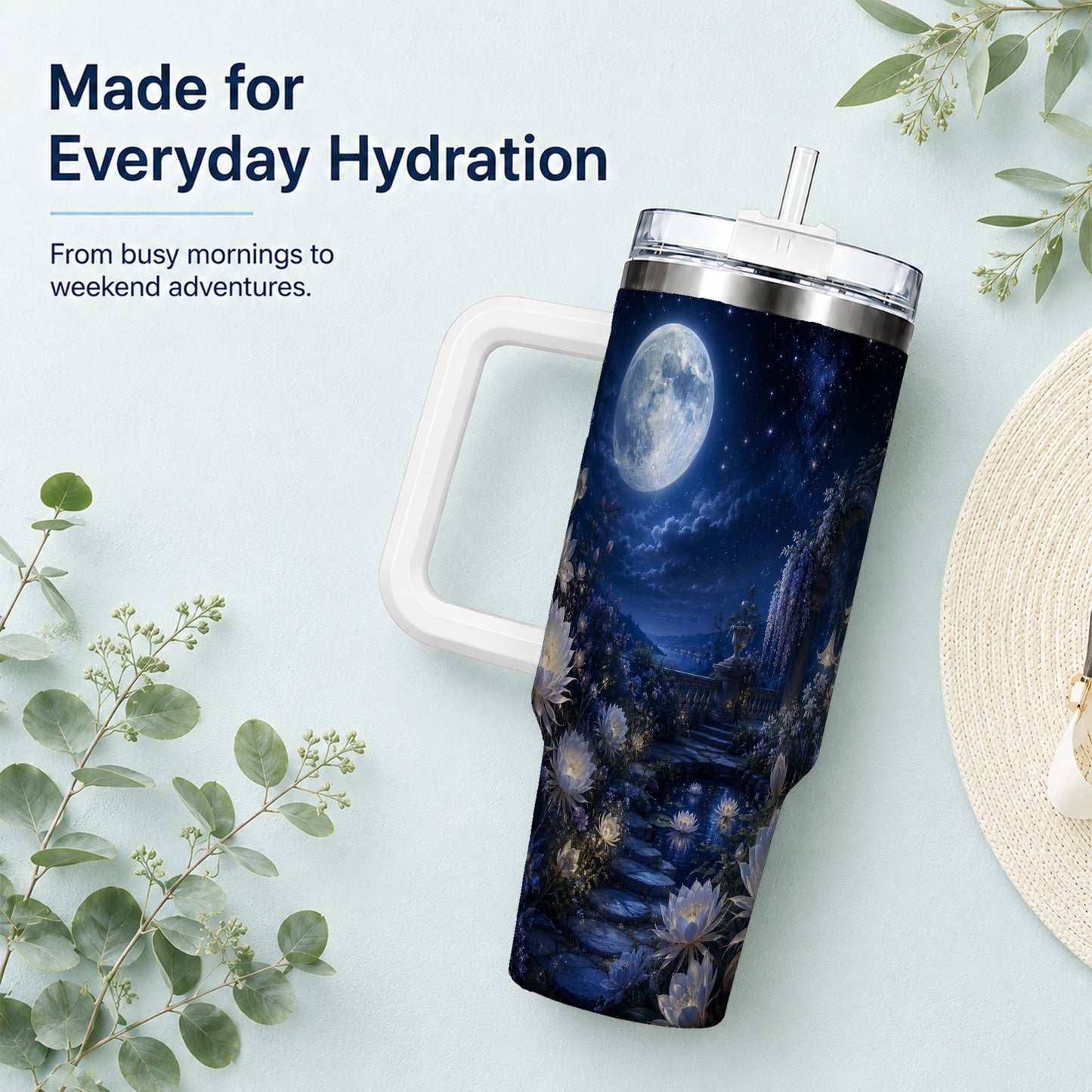 #pl[40oz|White] Moonlit Garden 40oz Tumbler with Handle, Floral Celestial Art