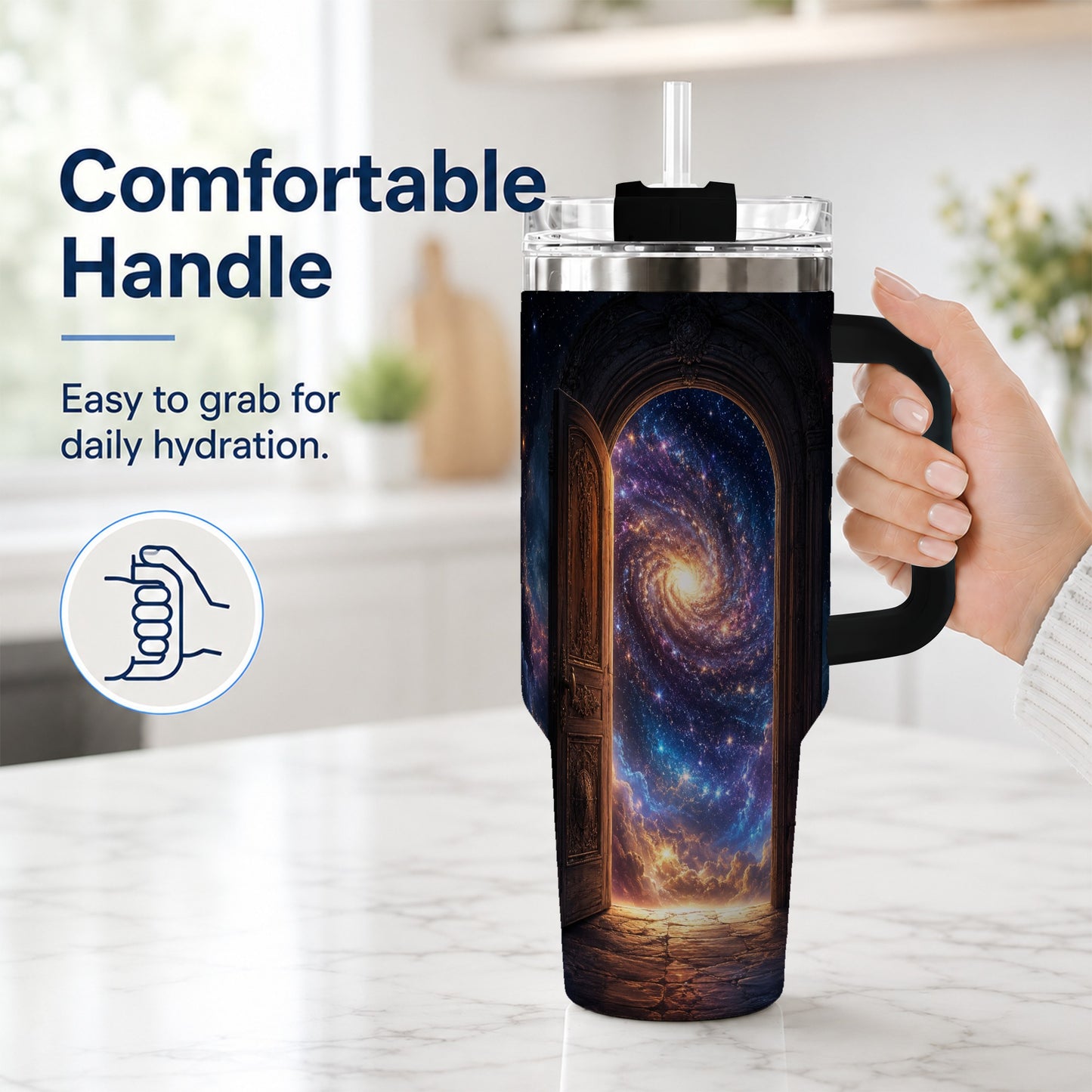 #pl[40oz|Black] Cosmic Doorway 40oz Tumbler with Handle, Galaxy Portal Art