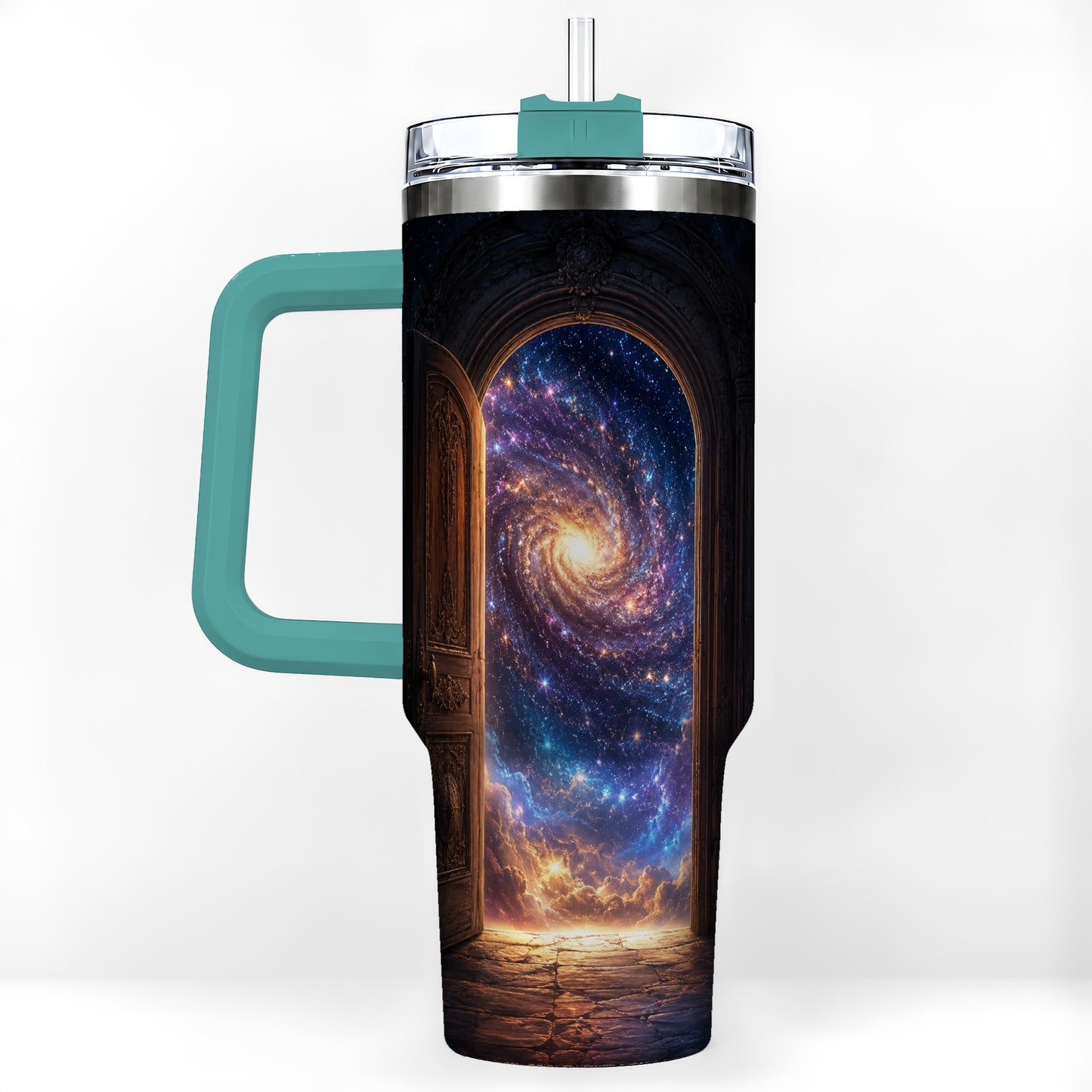 #pl[40oz|Green] Cosmic Doorway 40oz Tumbler with Handle, Galaxy Portal Art